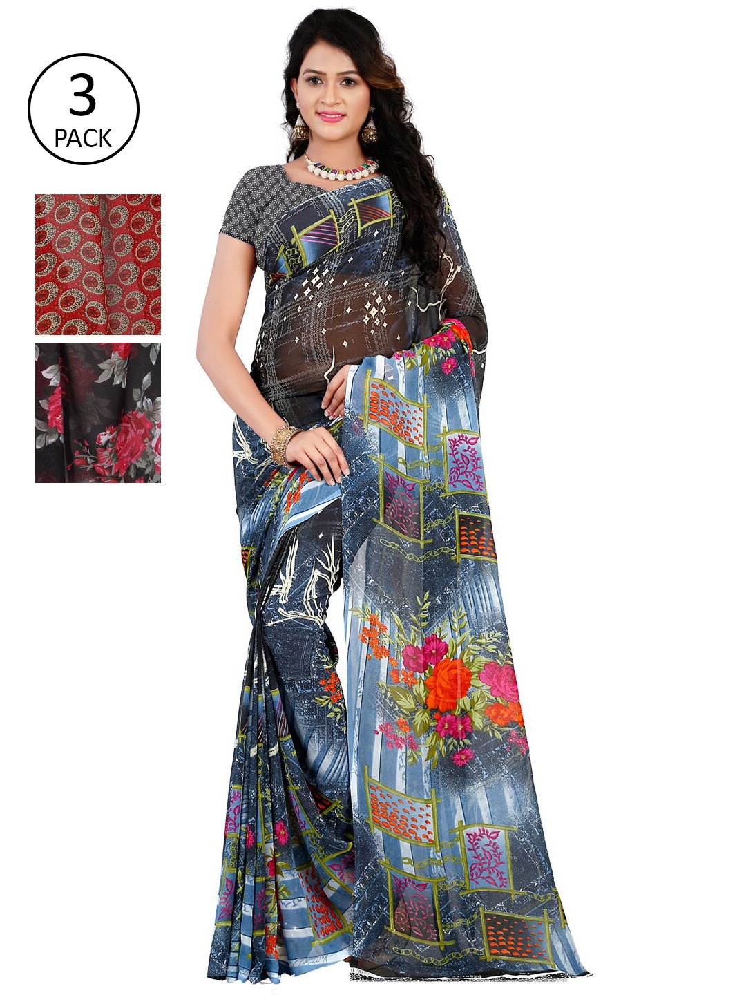 

ANAND SAREES Pack of 3 Printed Poly Georgette Saree, Multi