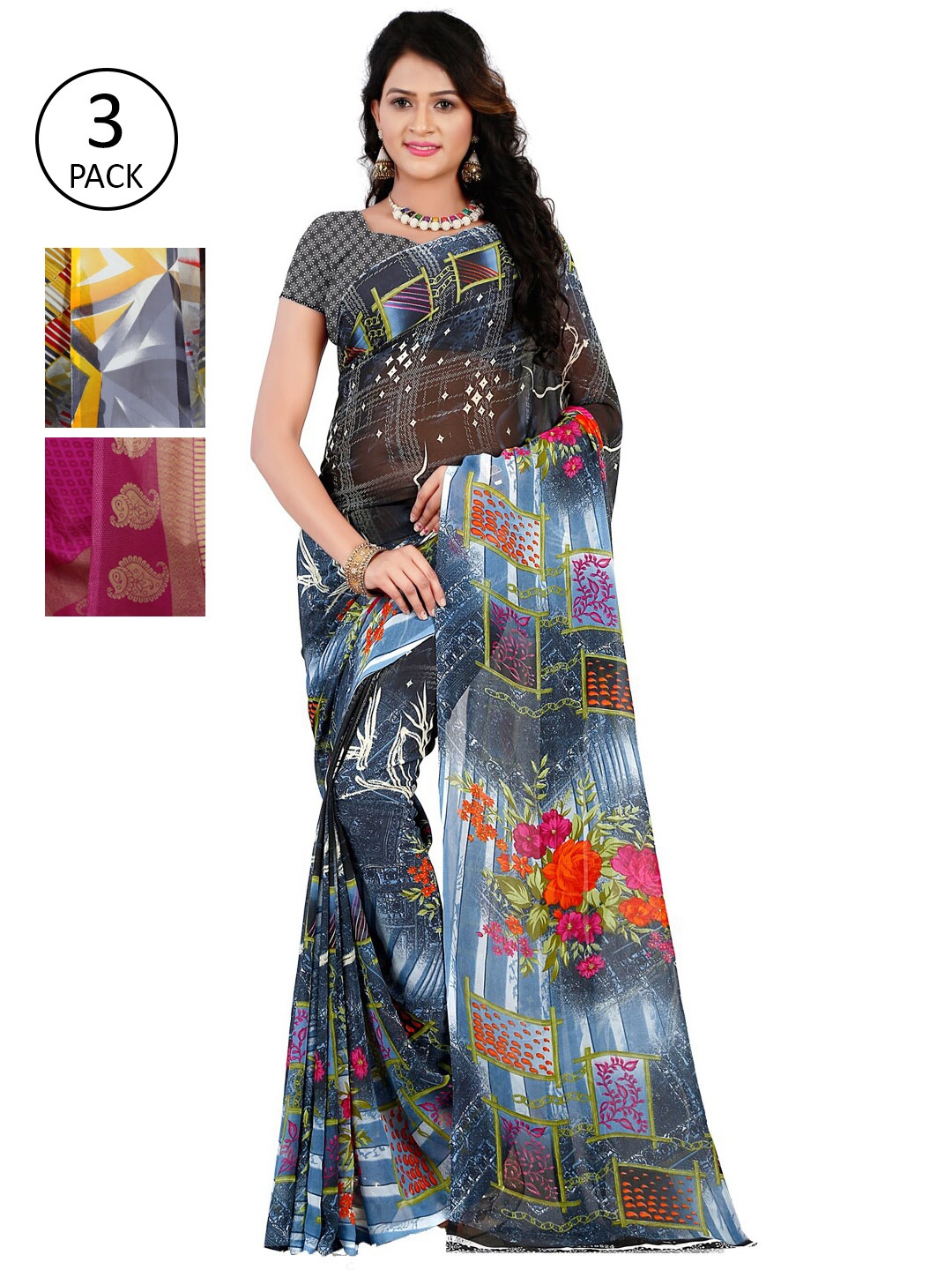 

ANAND SAREES Pack Of 3 Grey & Magenta Poly Georgette Floral Saree