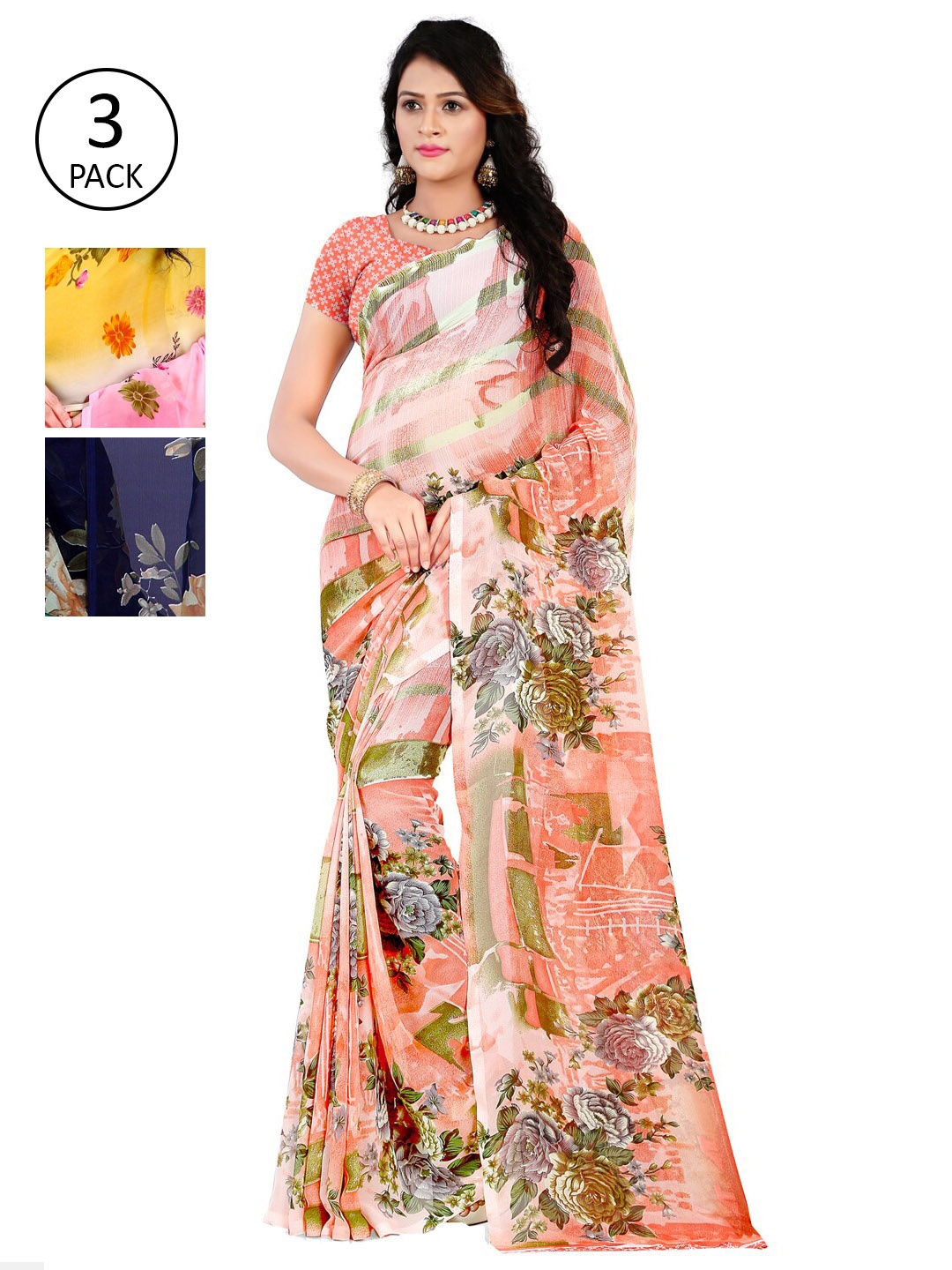 

ANAND SAREES Pack Of 3 Poly Georgette Sarees, Yellow