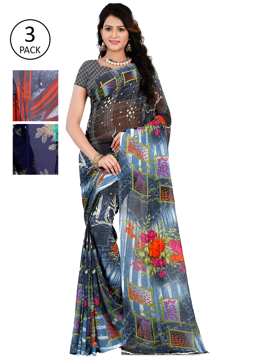 

ANAND SAREES Pack of 3 Poly Georgette Saree, Grey