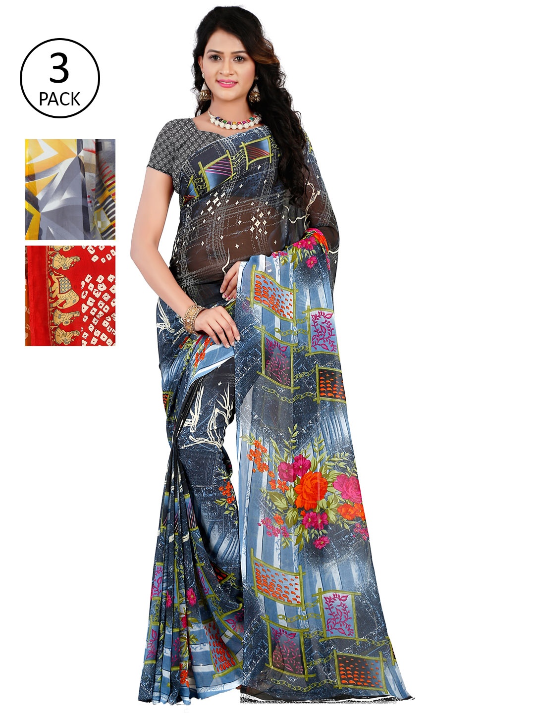 

KALINI Pack Of 3 Poly Georgette Sarees, Red