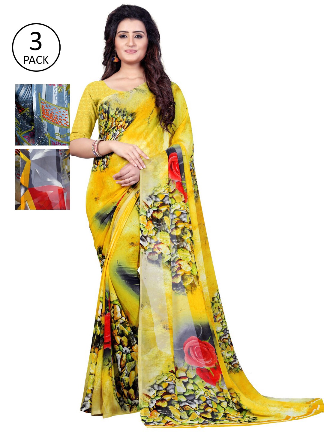 

ANAND SAREES Pack of 3 Printed Poly Georgette Saree, Multi