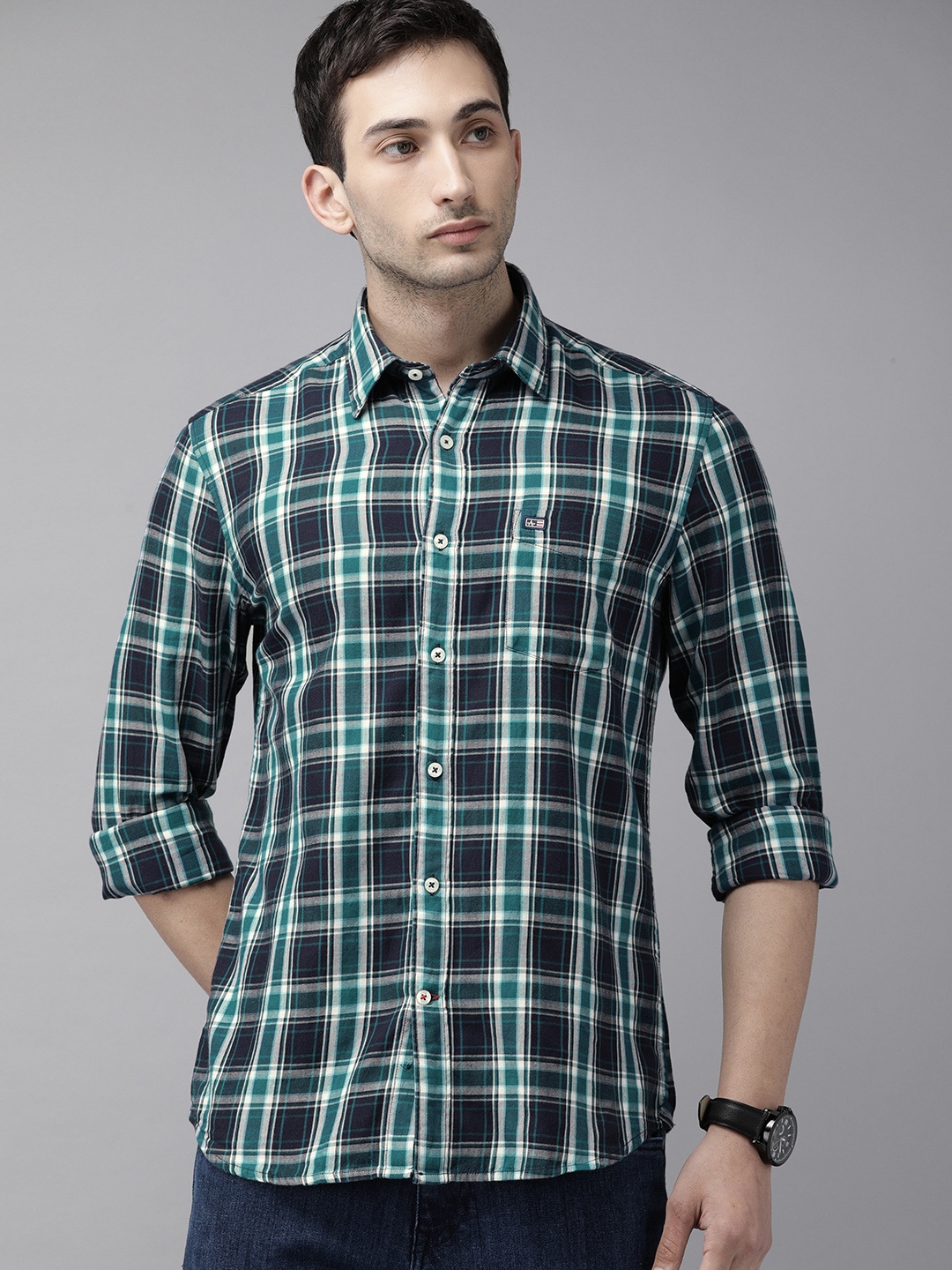 

Arrow Sport Men Teal Green Manhattan Slim Fit Tartan Checked Casual Shirt