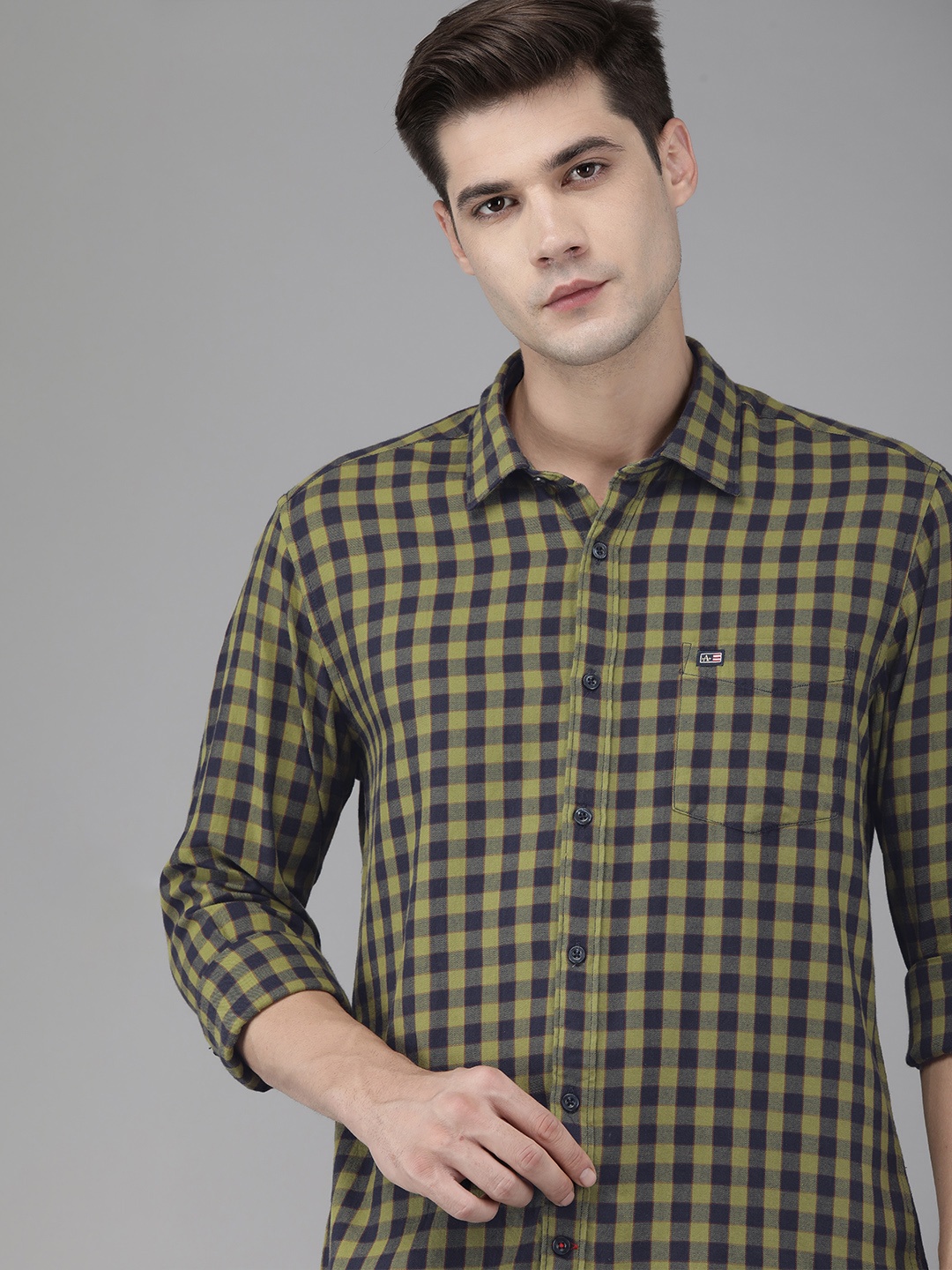 

Arrow Sport Men Green & Navy Blue Slim Fit Gingham Checks Checked Casual Shirt