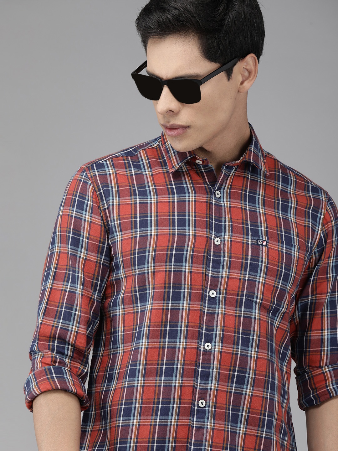 

Arrow Sport Men Orange & Blue Slim Fit Tartan Checks Checked Casual Shirt