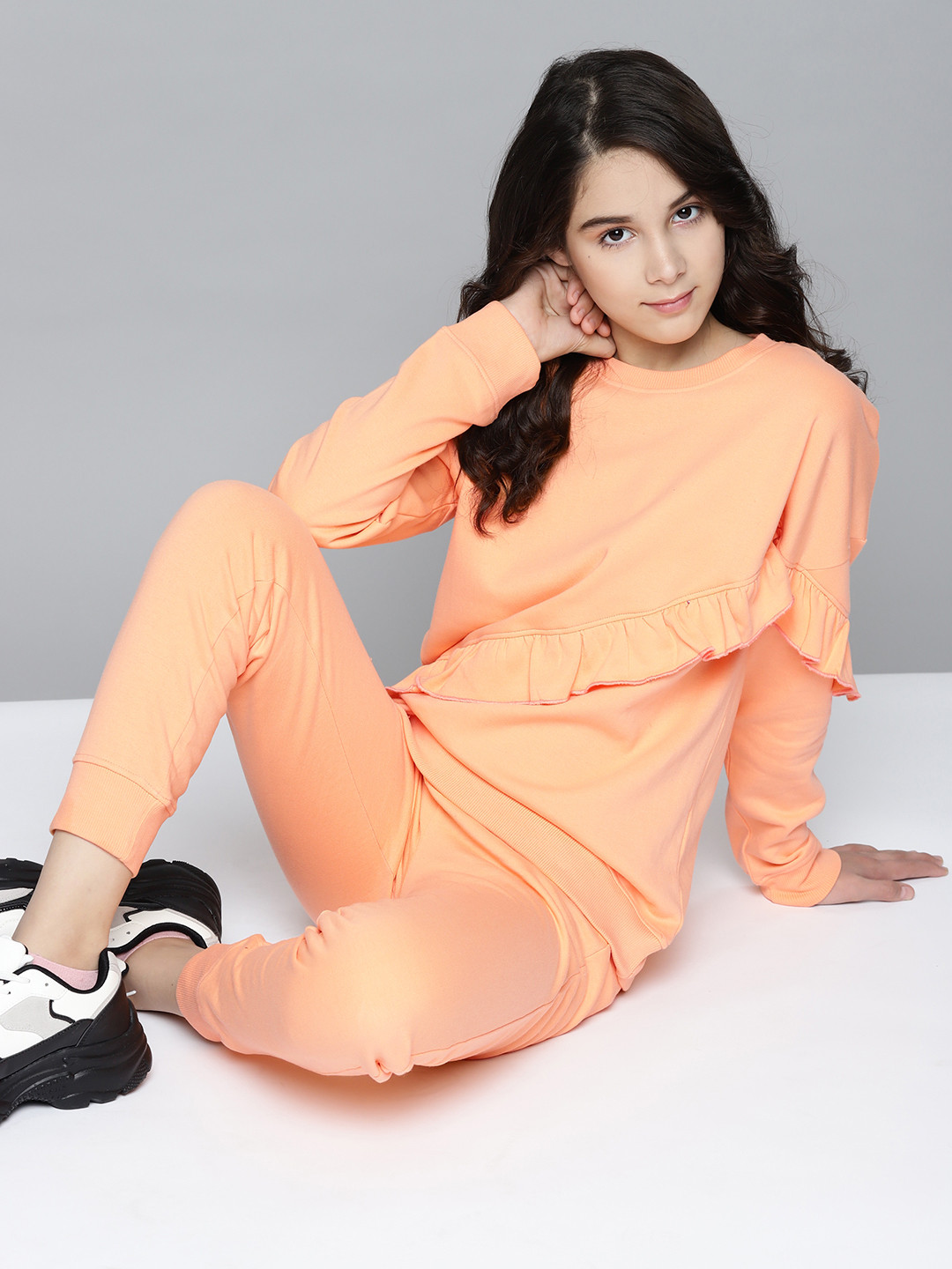 

YK Girls Peach-Coloured Solid Fleece Lined Sweatshirt with Joggers