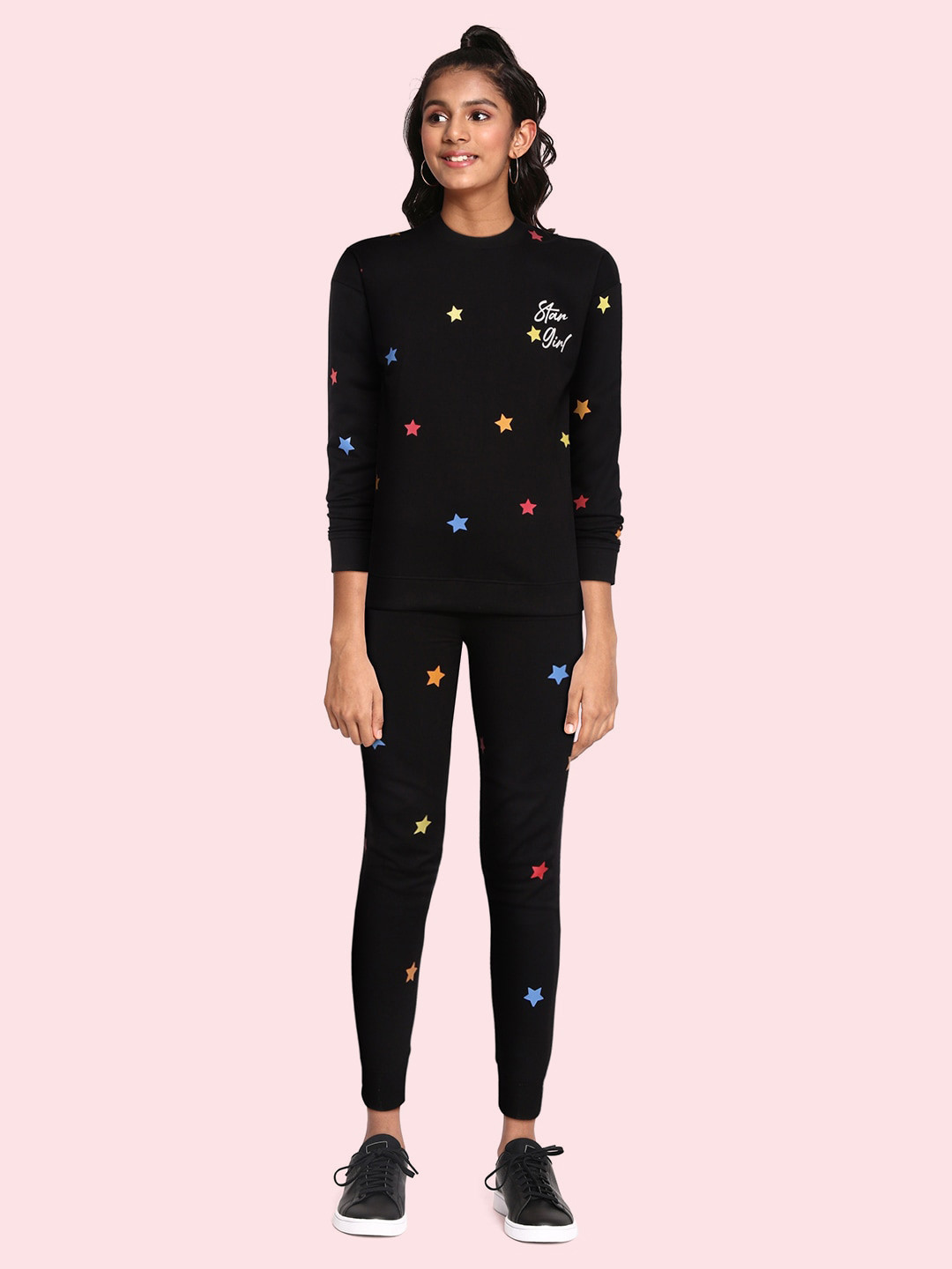 

YK Girls Black & Pink Printed Sweatshirt with Joggers