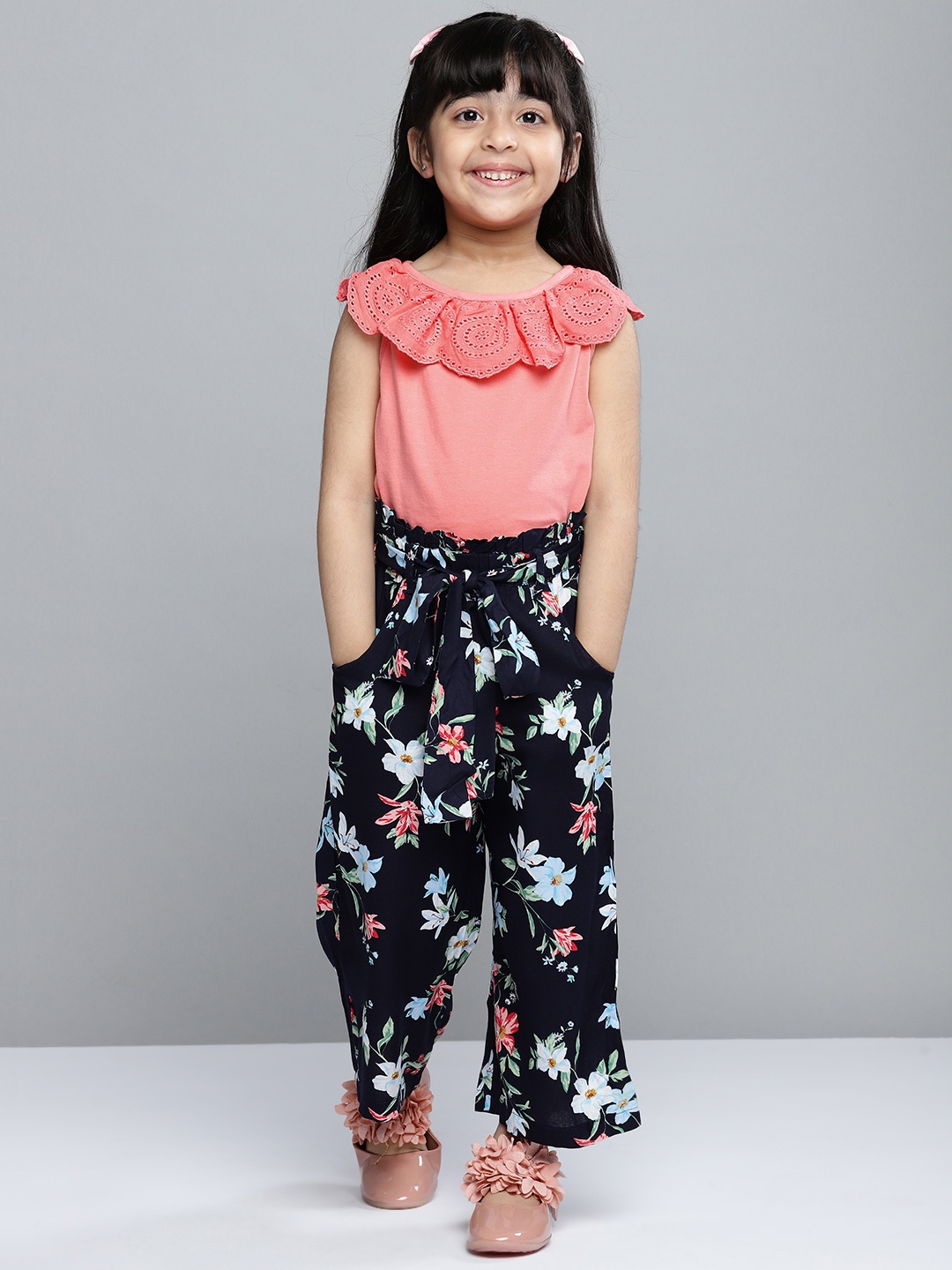 

YK Girls Pink & Navy Blue Ruffled Neck Top with Floral Print Wide Leg Trousers