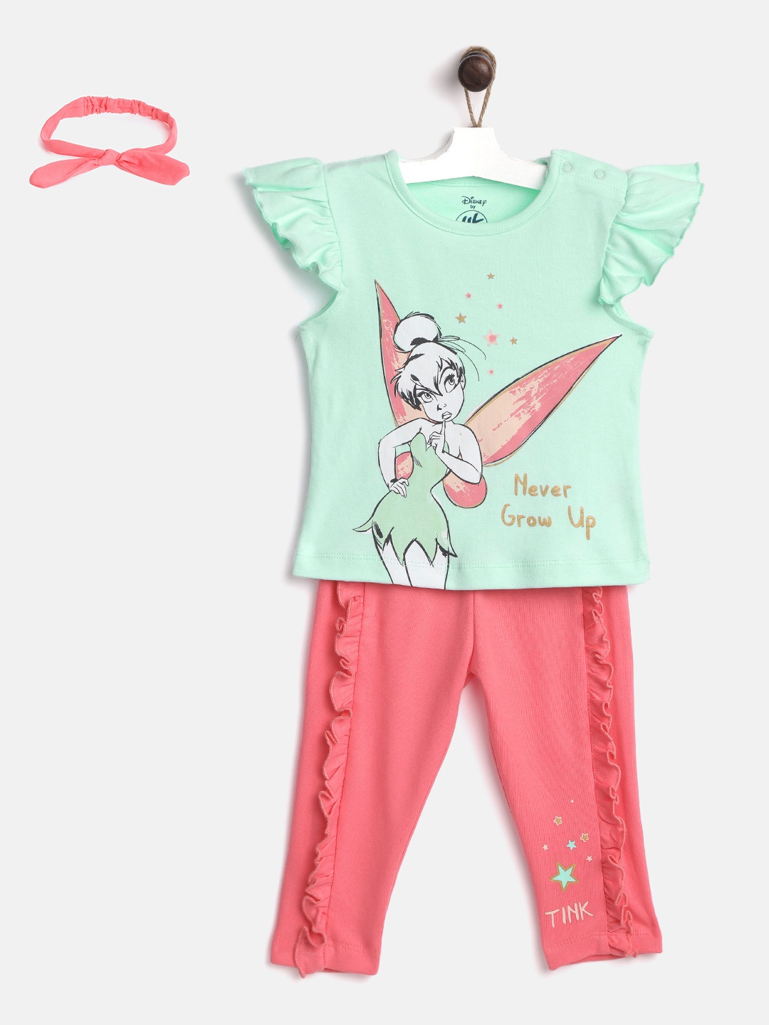 

YK Disney Infant Girls Mint Green & Pink Cotton Tinker Bell Top with Leggings & Hairband