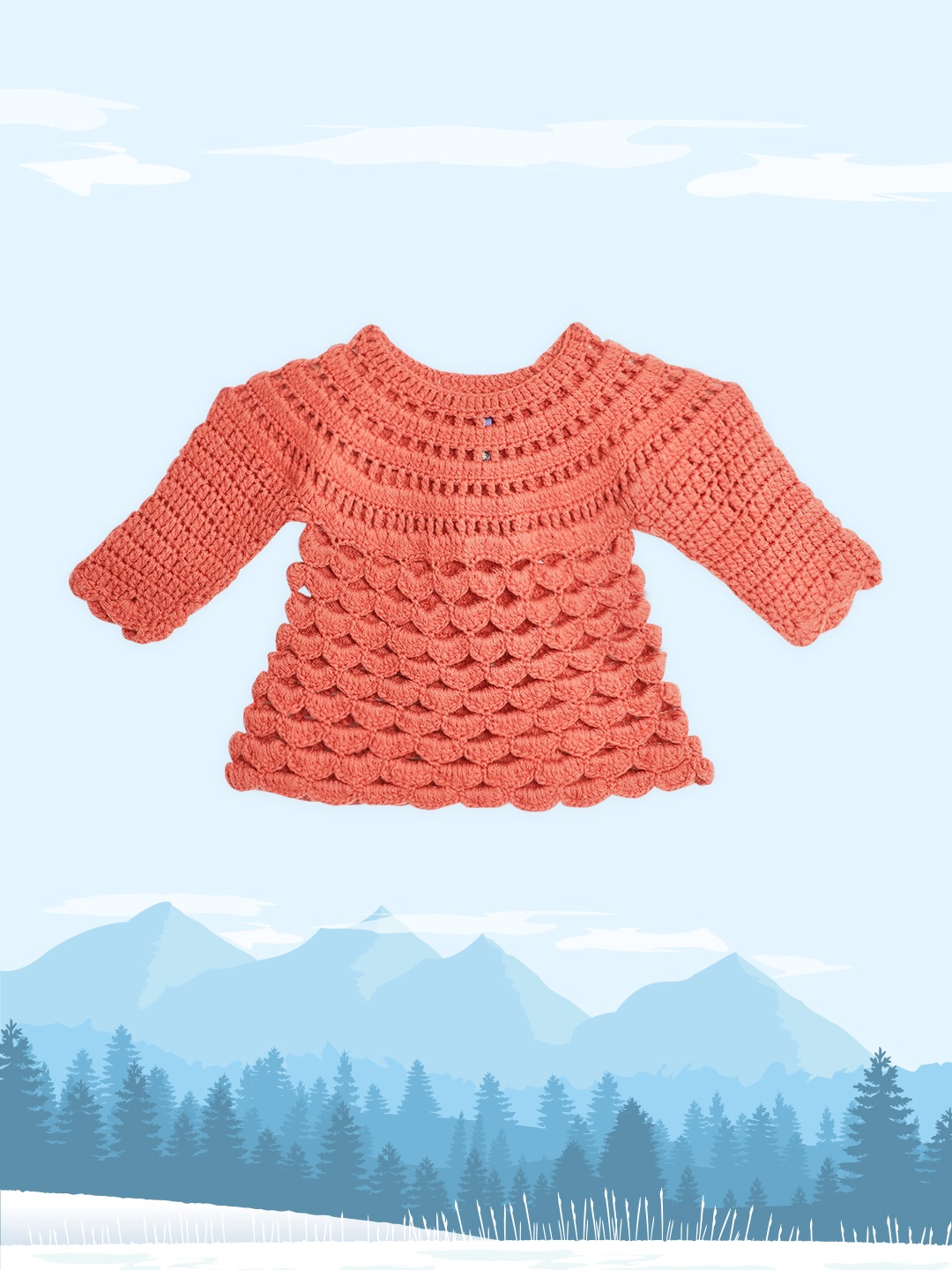 

YK Infant Girls Coral Pink Open Knit Acrylic Hand Knitted Jumper Dress