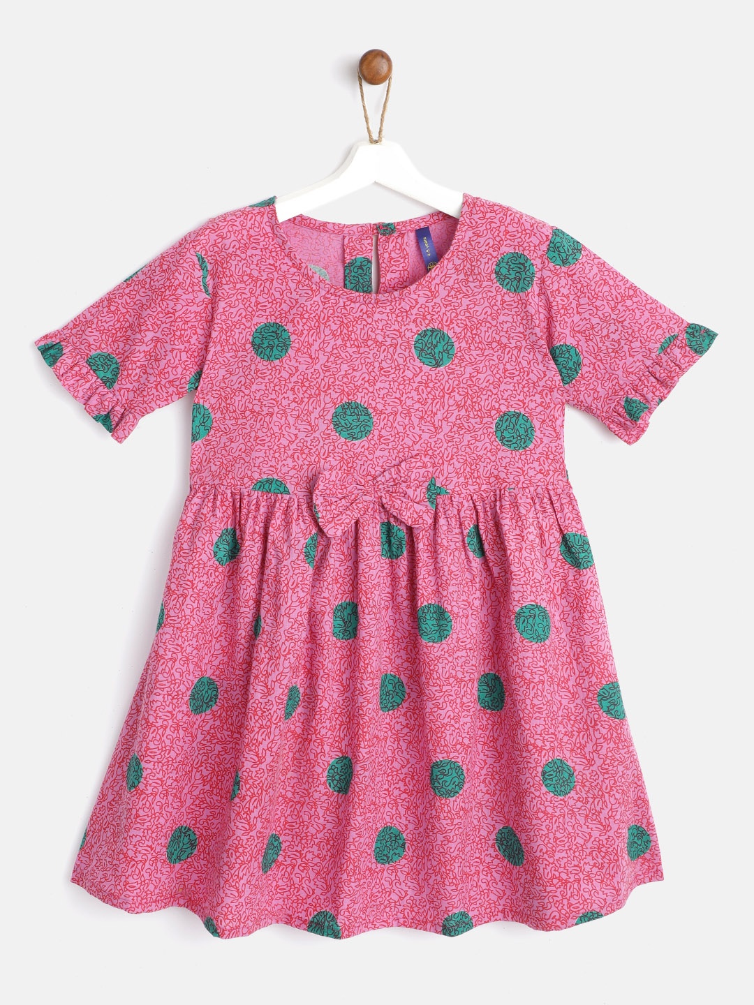 

YK Girls Pink & Green Pure Cotton Printed Fit & Flare Dress