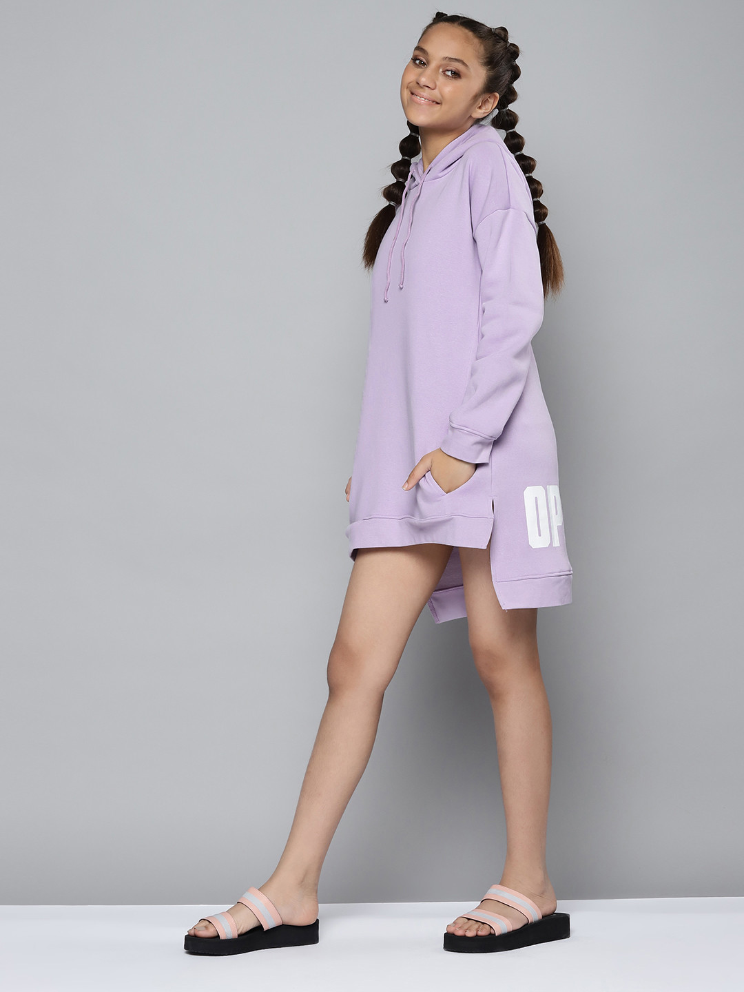 

YK Girls Lavender Solid Hooded Jumper Dress