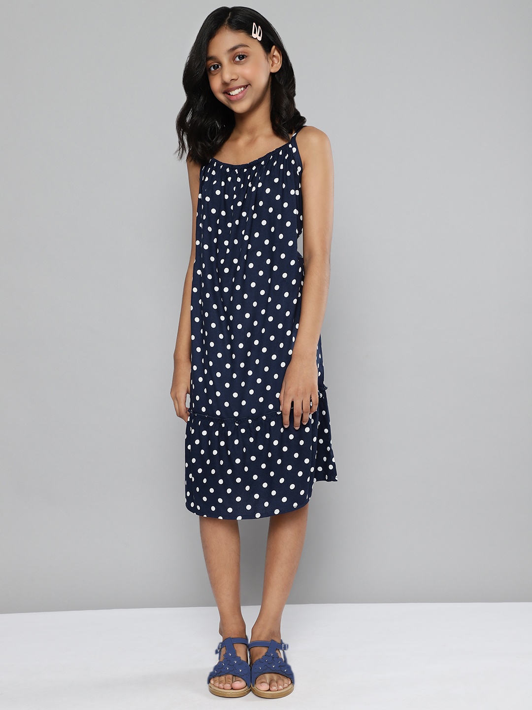 

YK Girls Navy Blue & White Polka Dots Printed A-Line Dress