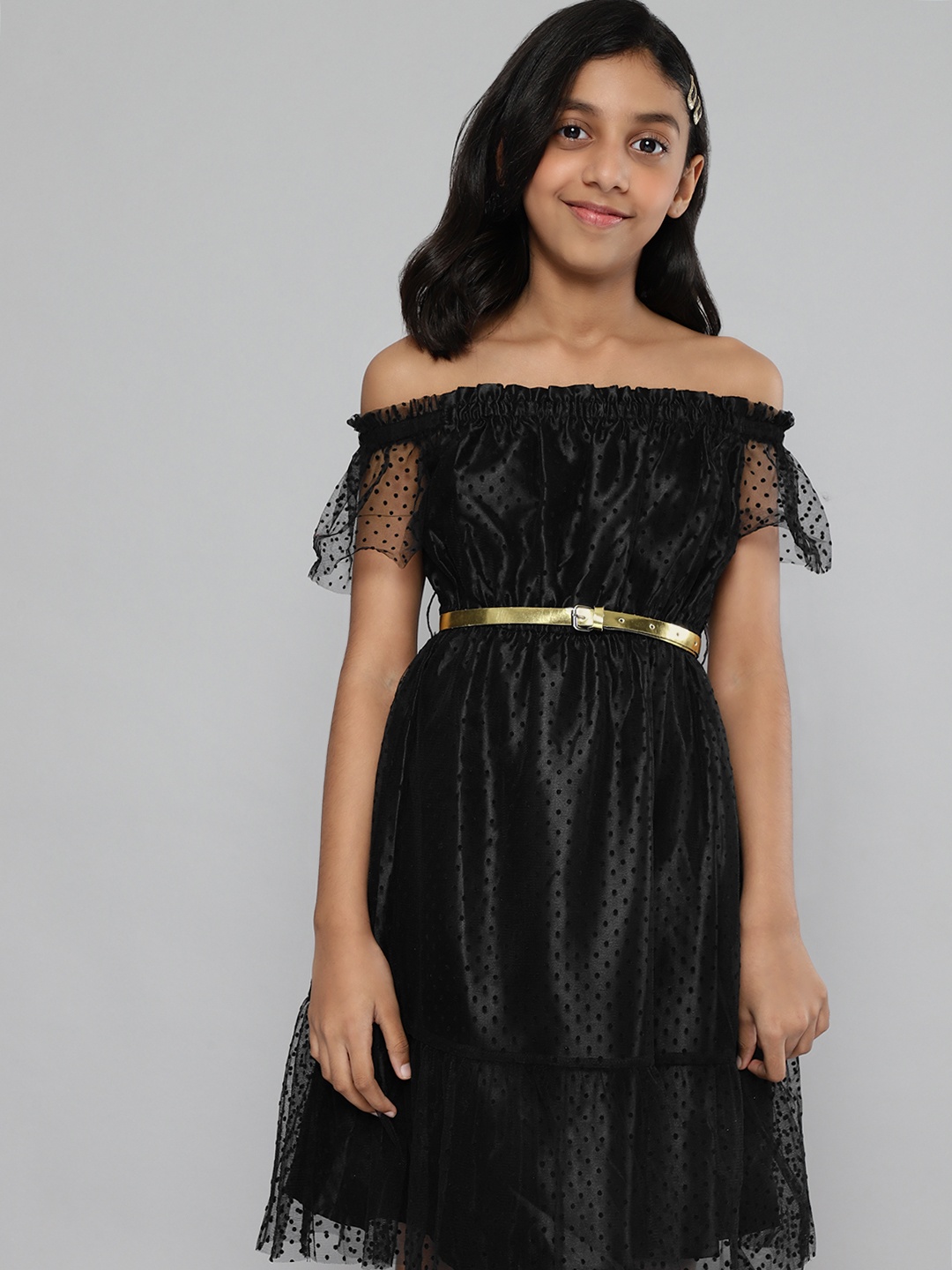 

YK Girls Black Net Ditsy Polka Dots Patterned Off-Shoulder Fit & Flare Dress with Belt