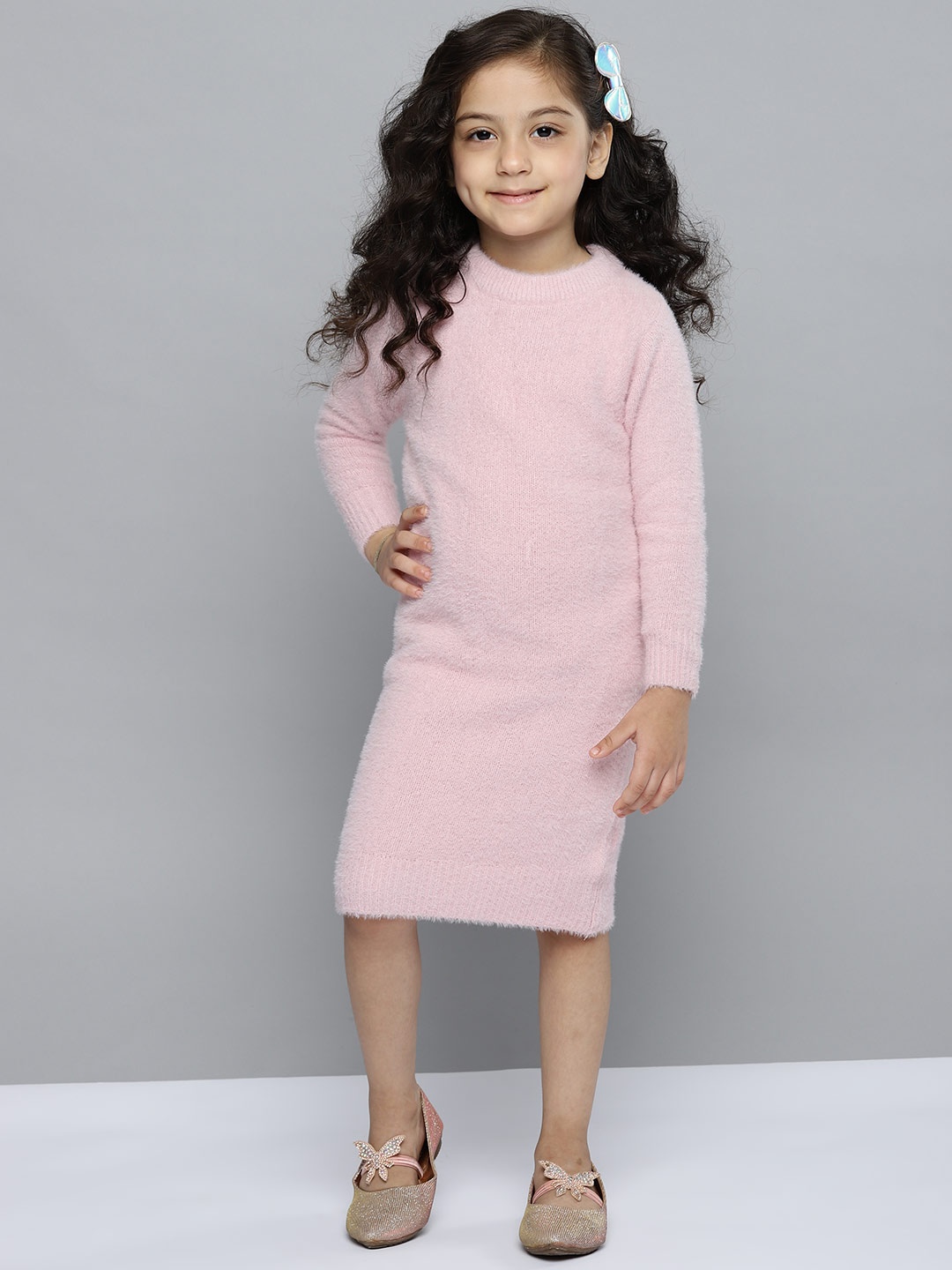 

YK Girls Pink Acrylic Solid Fuzzy Winter Sweater Dress