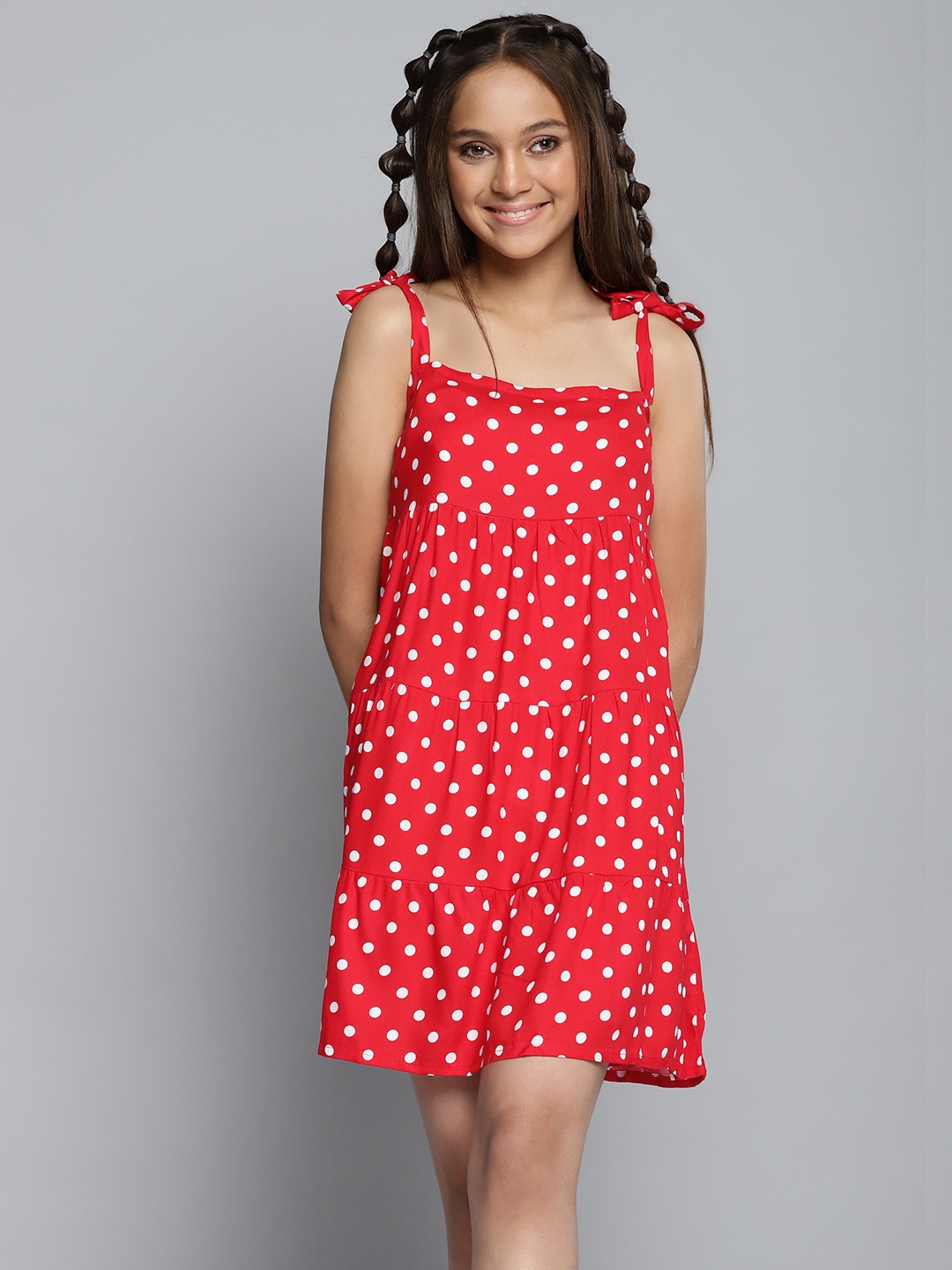 

YK Girls Red & White Polka Dots Printed Tiered A-Line Dress