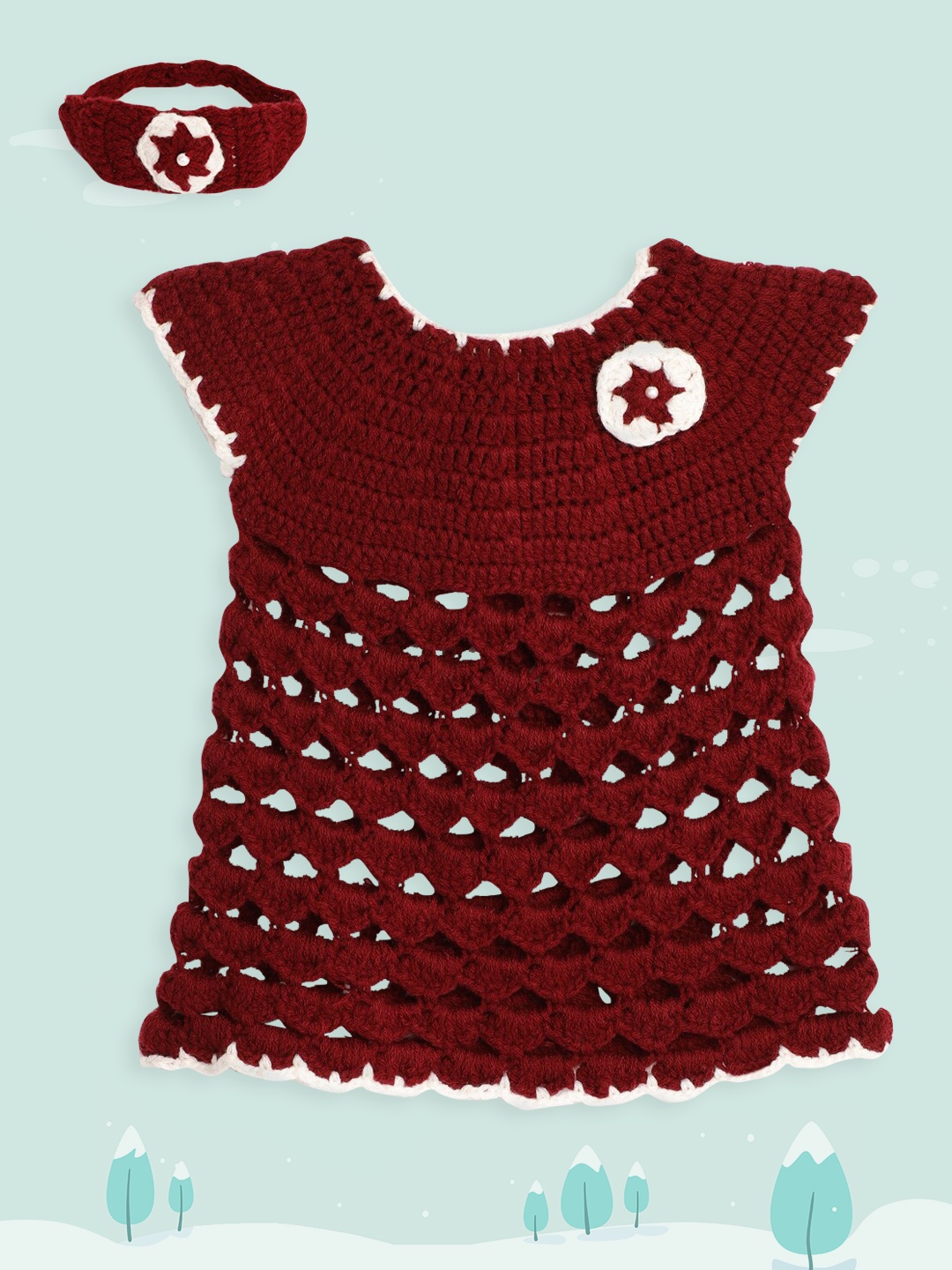 

YK Infant Girls Maroon Crochet Semi Sheer A-Line Dress with Hairband