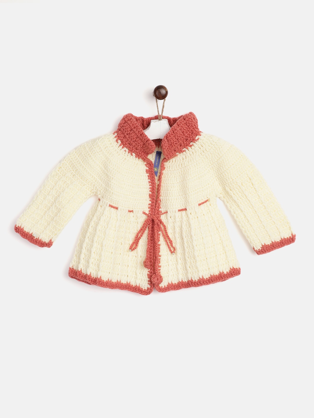 

YK Infant Girls Cream-Coloured & Brown Solid Front-Open Sweater