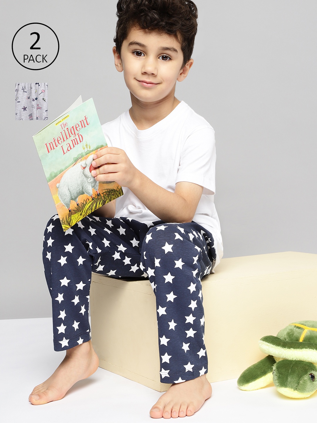

YK Basics Boys Pack of 2 Cotton Printed Lounge Pants, Grey melange