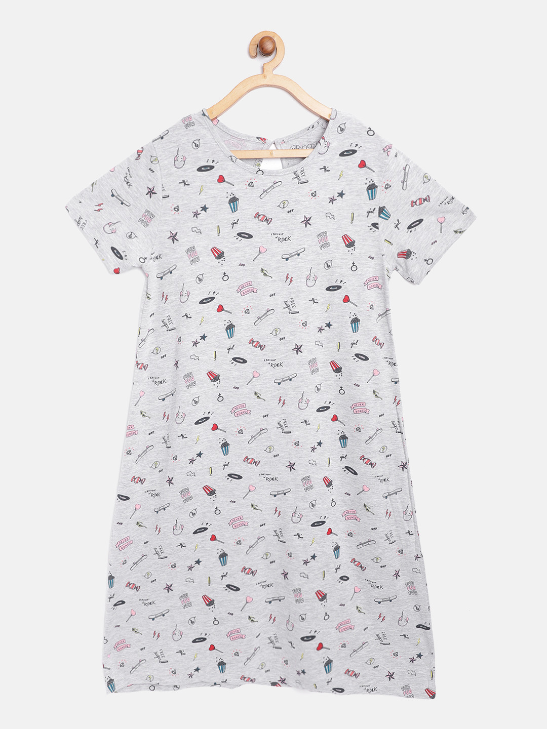

YK Basics Girls Grey Melange Printed Nightdress