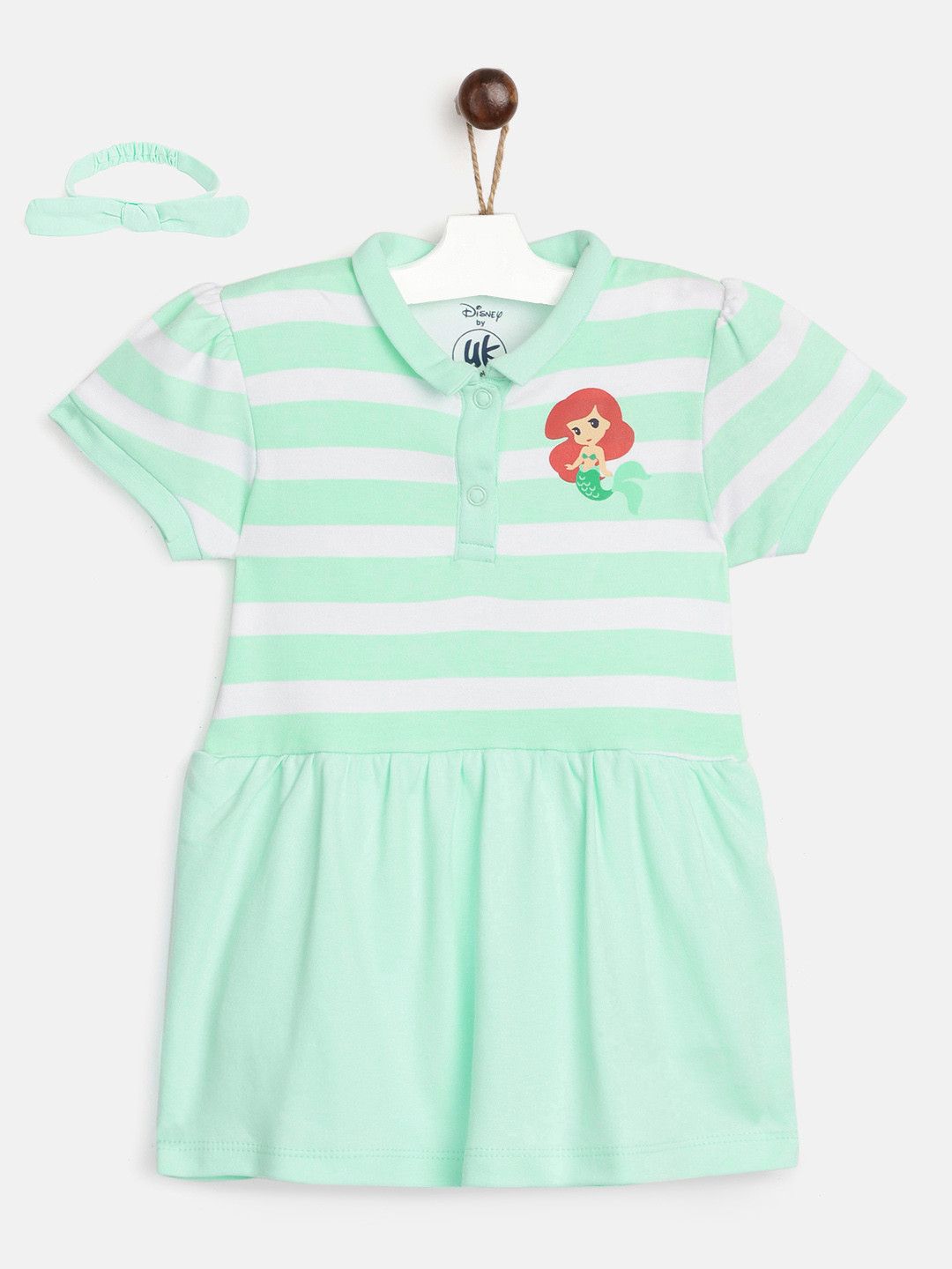 

YK Disney Infant Girls Sea Green & White Striped Ariel Print Cotton Bodysuit with Hairband