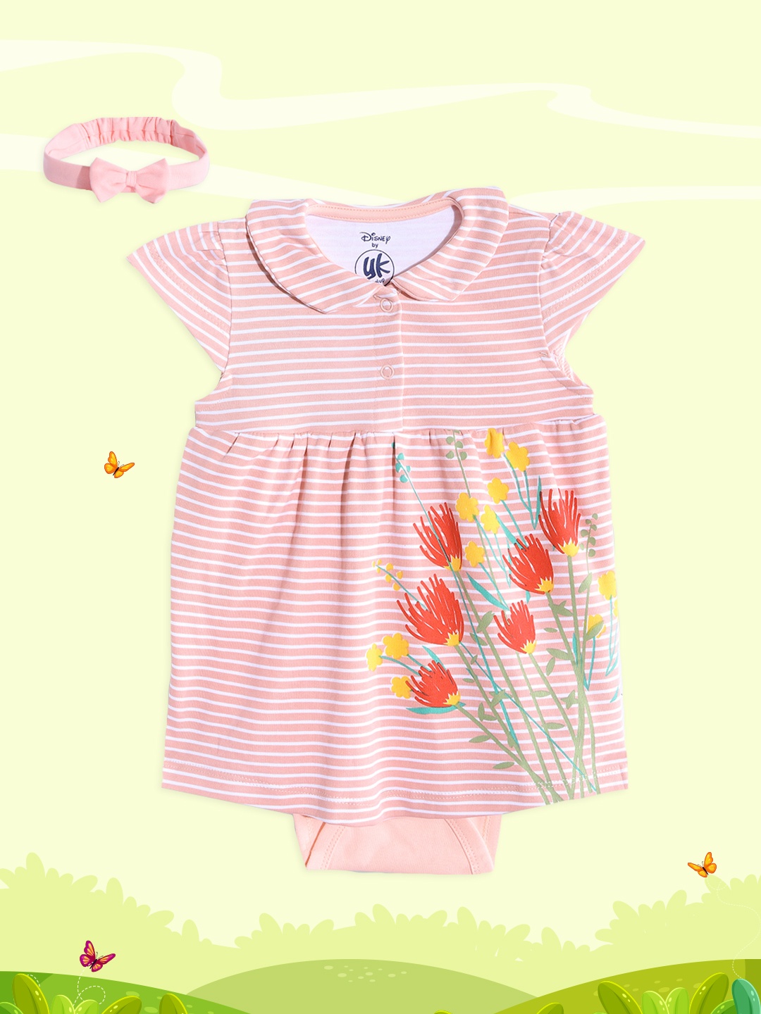 

YK Organic Infant Girls Pink & White Striped Pure Cotton Frock Style Bodysuit