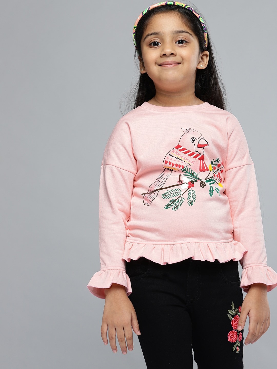 

YK Pink & Red Graphic Print Ruffles Regular Top