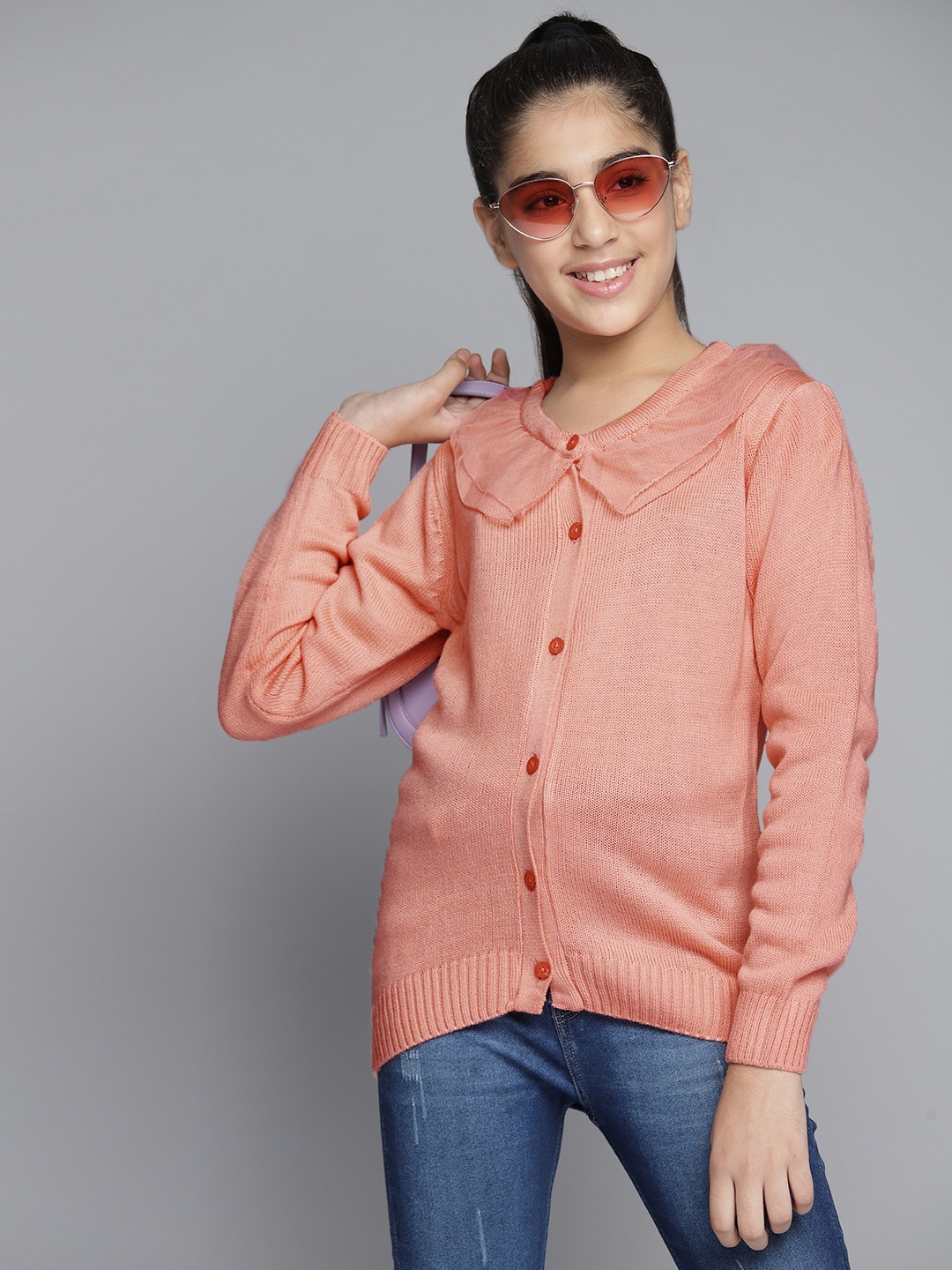 

YK Girls Peach-Coloured Ruffled Cardigan
