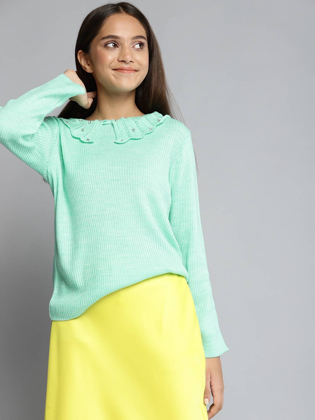

YK Girls Green Acrylic Ribbed Pullover Sweater