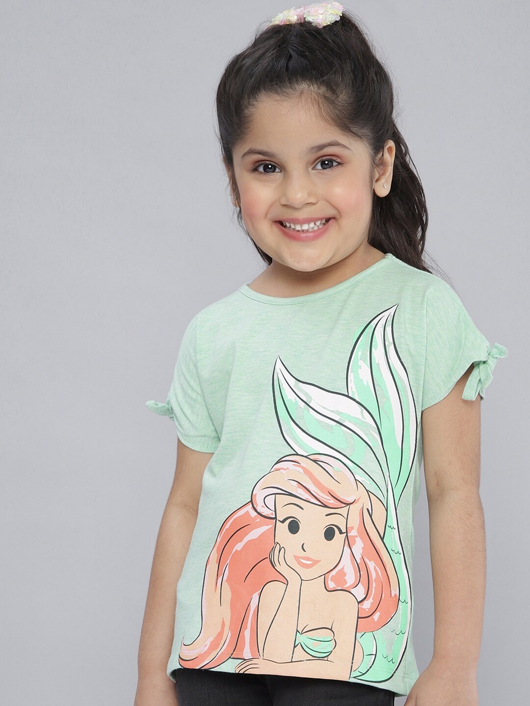 

YK Disney Girls Sea Green & Beige Ariel Print Pure Cotton Regular Top