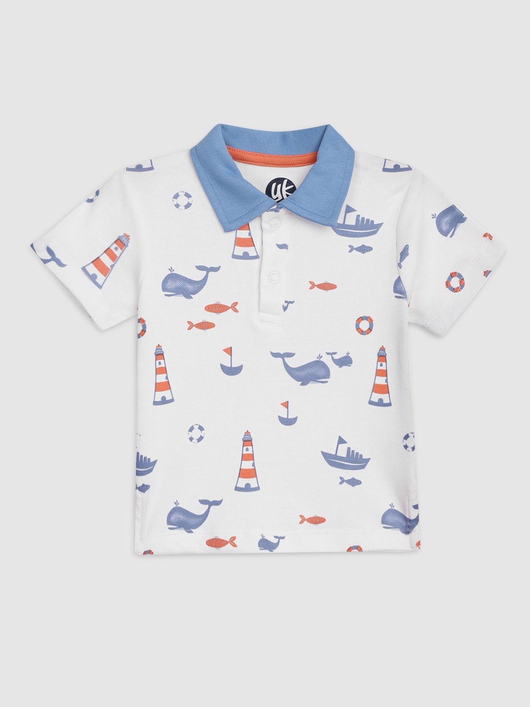 

YK Organic Boys White & Blue Dolphin Print Pure Cotton Polo Collar T-shirt