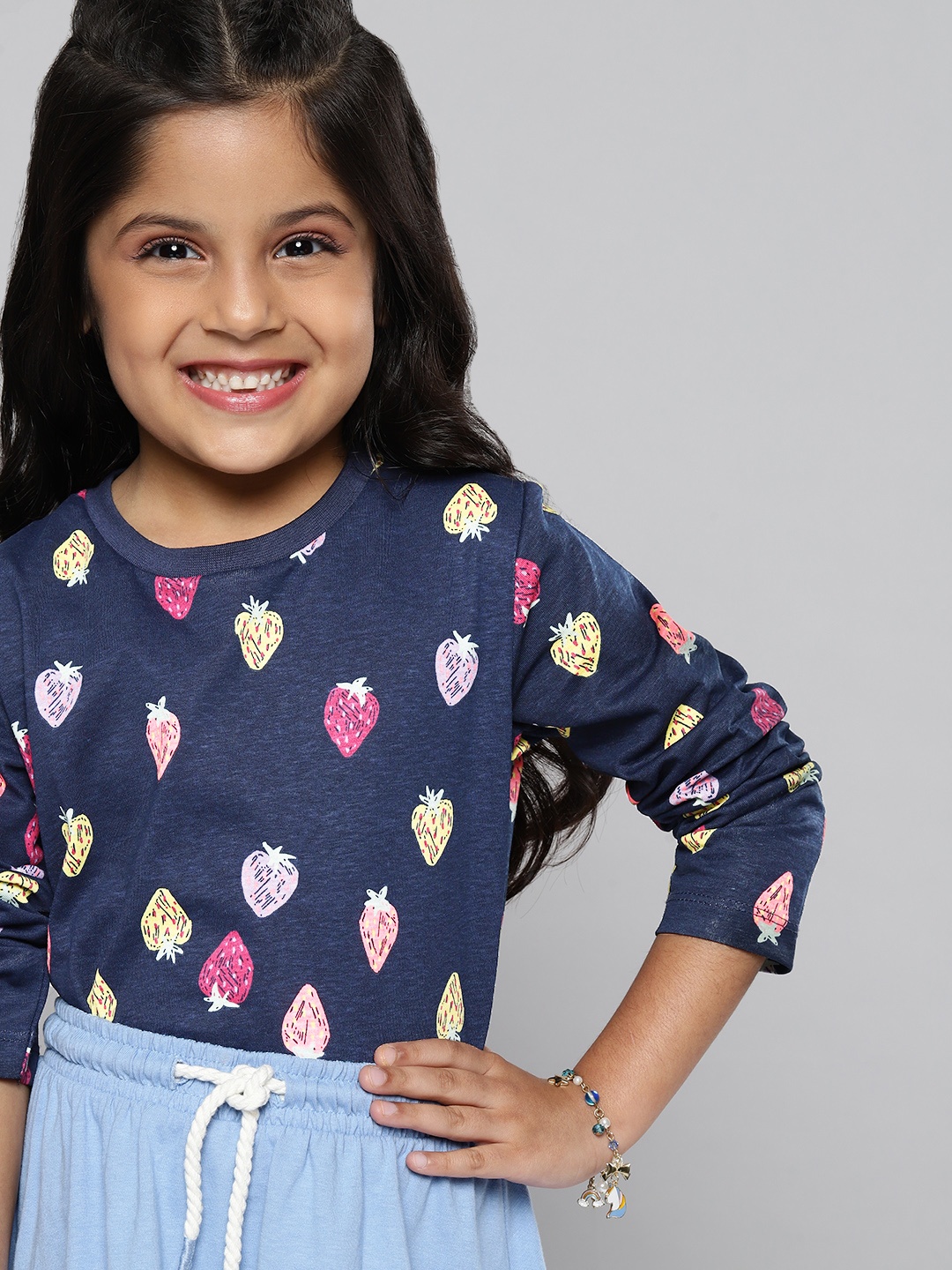 

YK Basics Girls Pack of 2 Printed Pure Cotton T-shirts, Navy blue