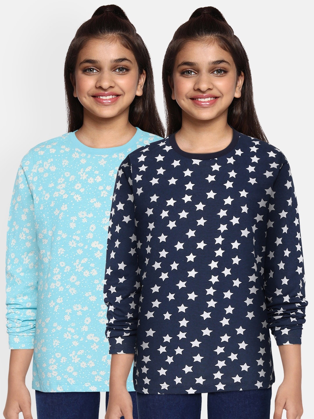 

YK Basics Girls Pack of 2 Printed Pure Cotton T-shirts, Blue