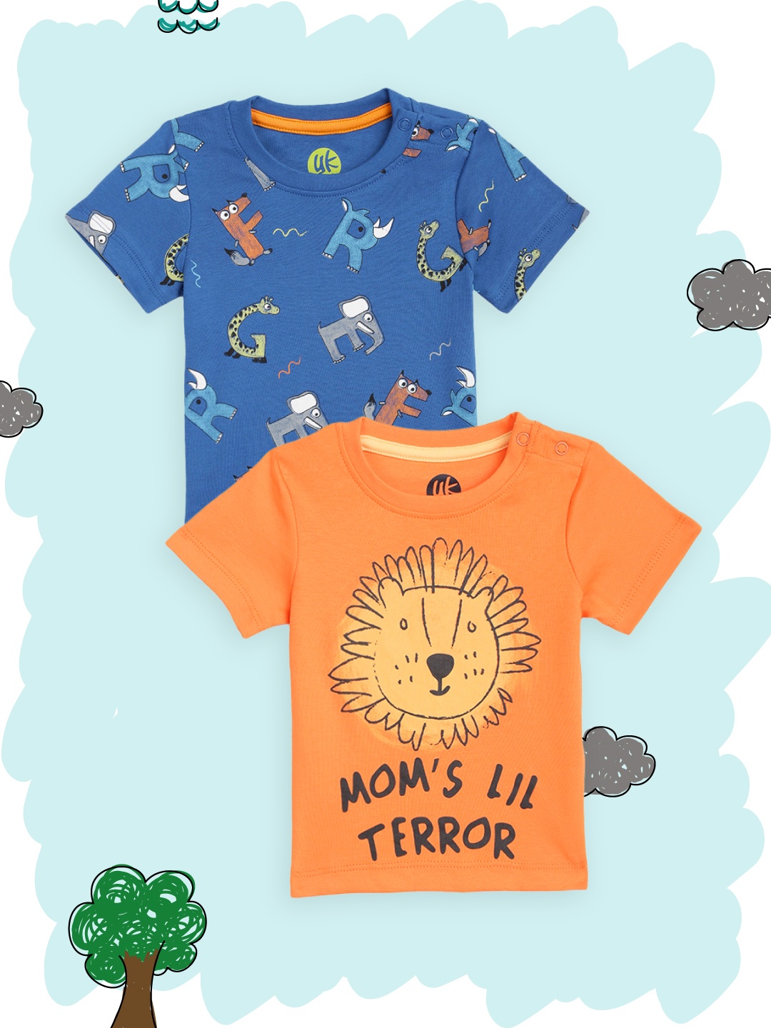 

YK Organic Boys Pack of 2 Blue & Orange Conversation print Pure Cotton Tshirts