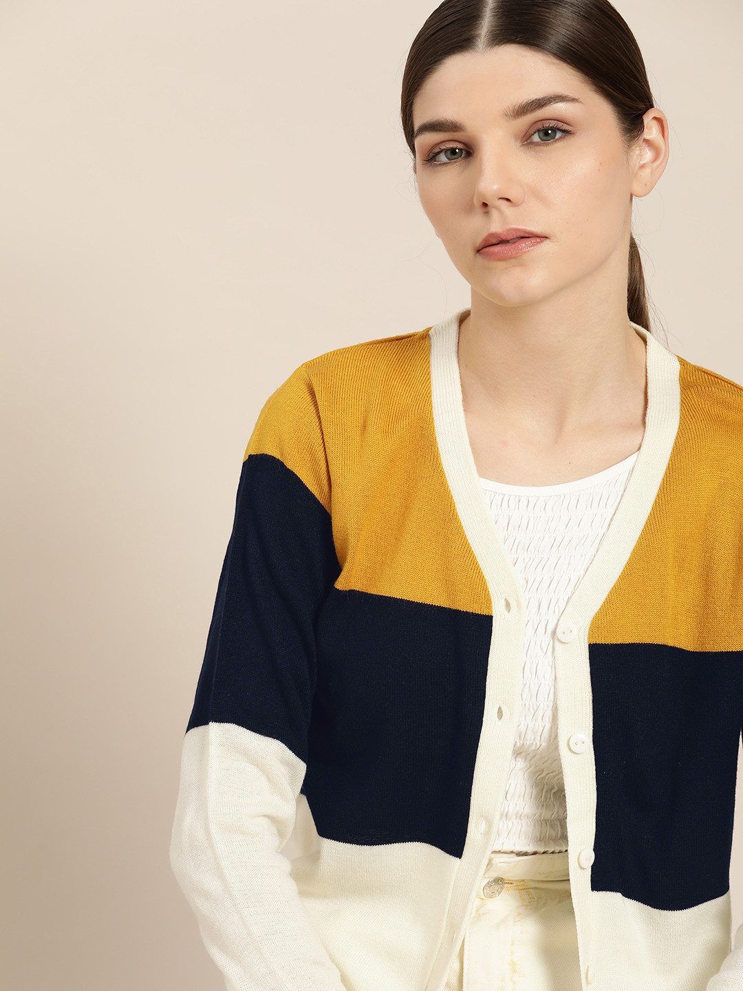 

ether Women Mustard Yellow & Navy Blue Colourblocked Cardigan