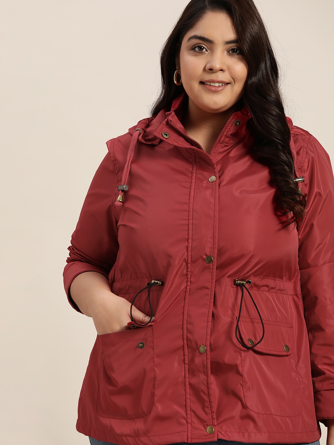 

Sztori Women Plus Size Maroon Solid Longline Windcheater Jacket With Cinched Waist