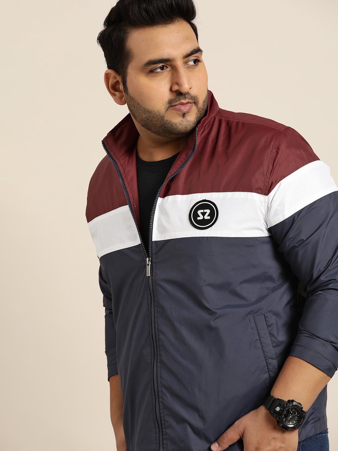 

Sztori Men Plus Size Navy Blue & Maroon Colourblocked Windcheater Jacket