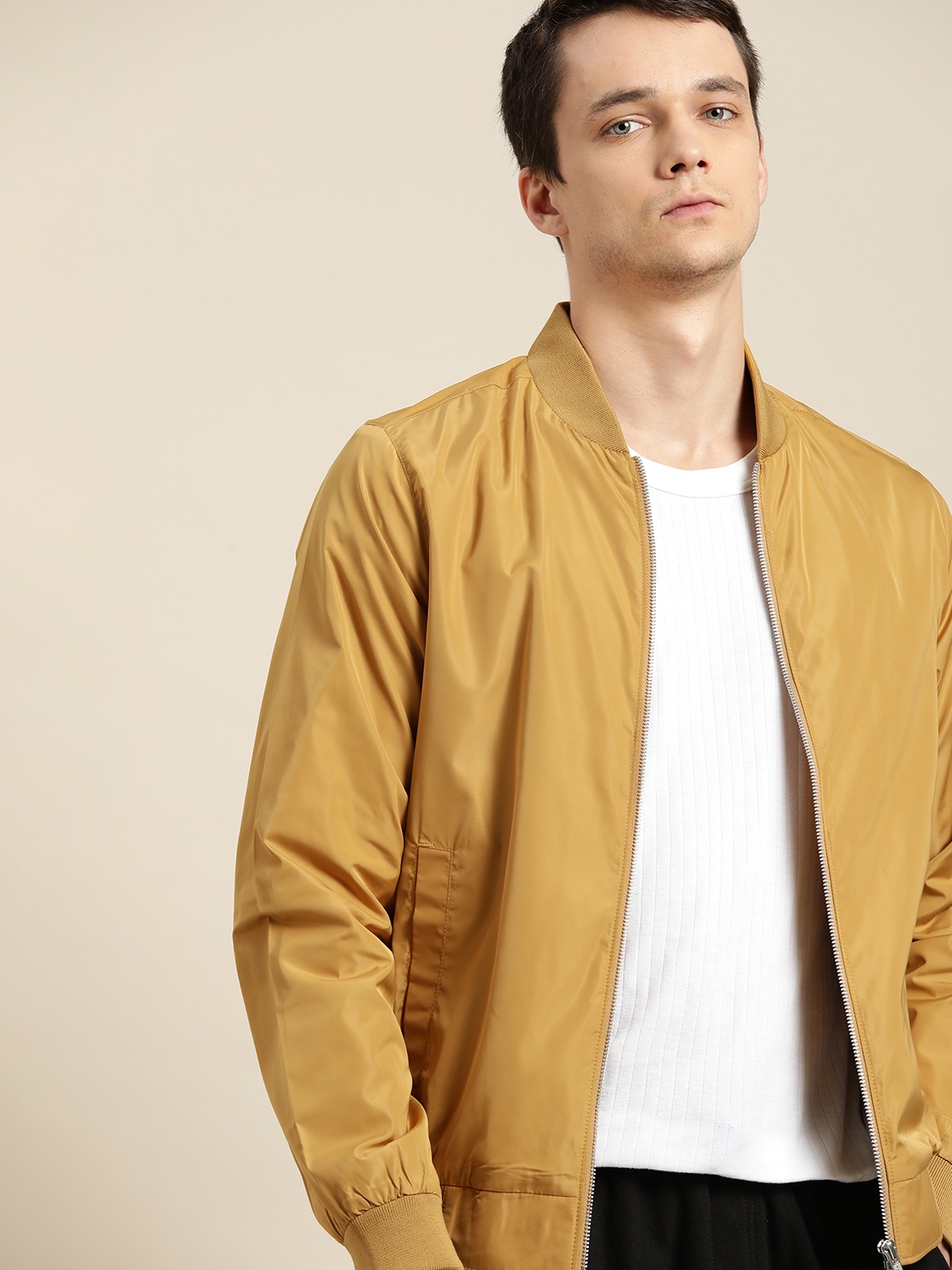 

ether Men Mustard Yellow Solid Bomber Jacket