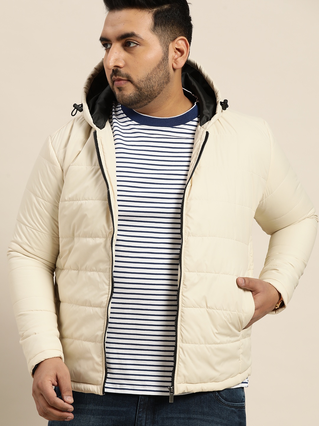 

Sztori Men Plus Size Cream-Coloured Solid Padded Jacket