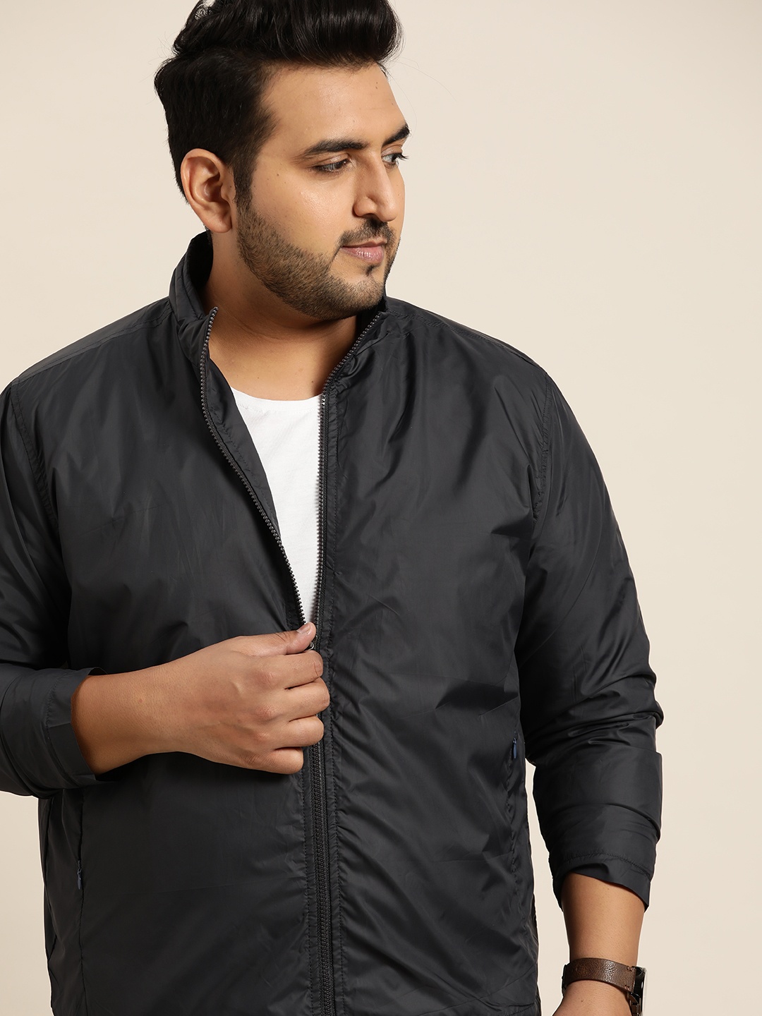 

Sztori Men Plus Size Navy Blue Solid Windcheater Tailored Jacket