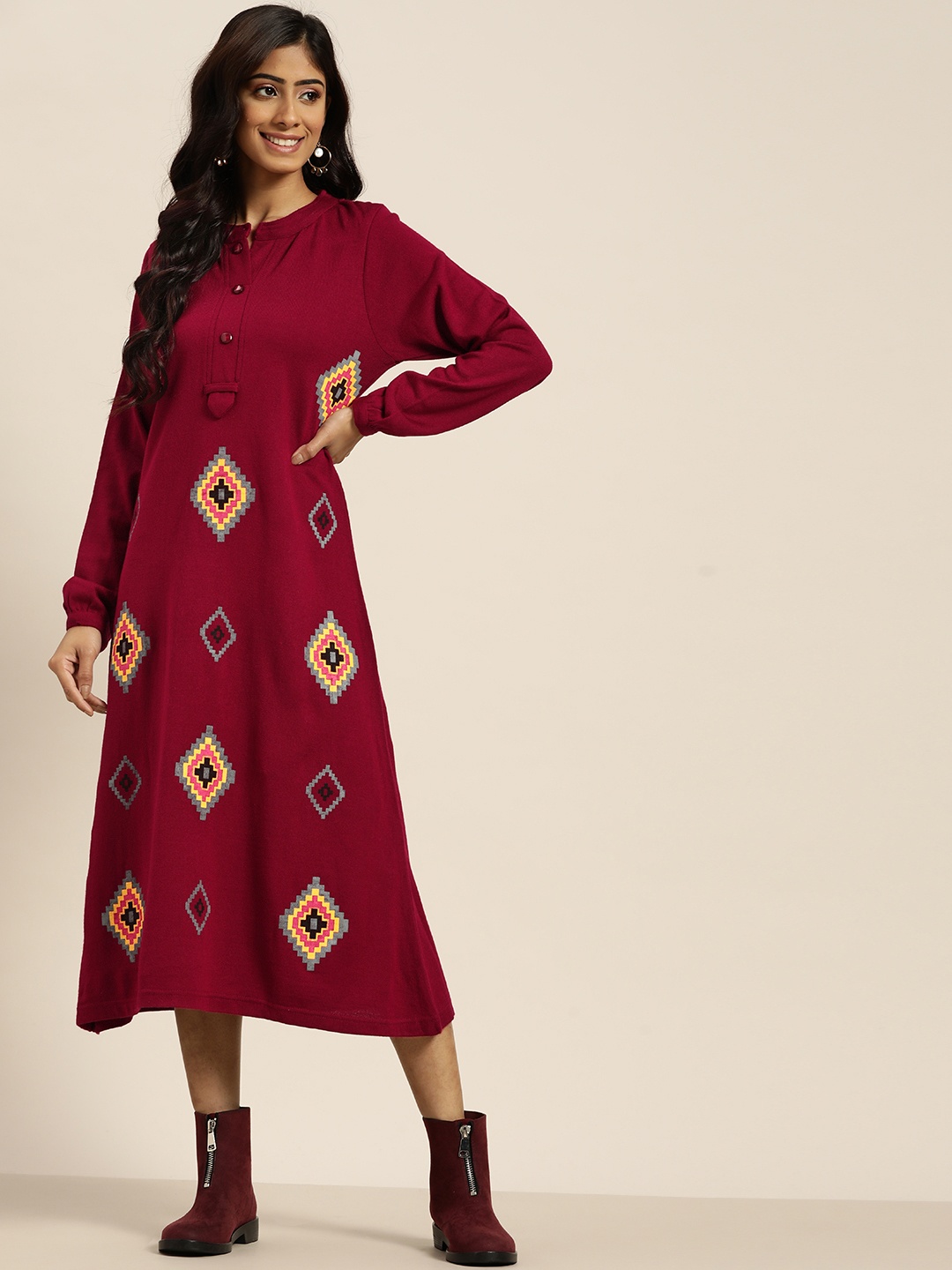 

Sangria Maroon & Yellow Ethnic Motifs Ethnic A-Line Midi Dress