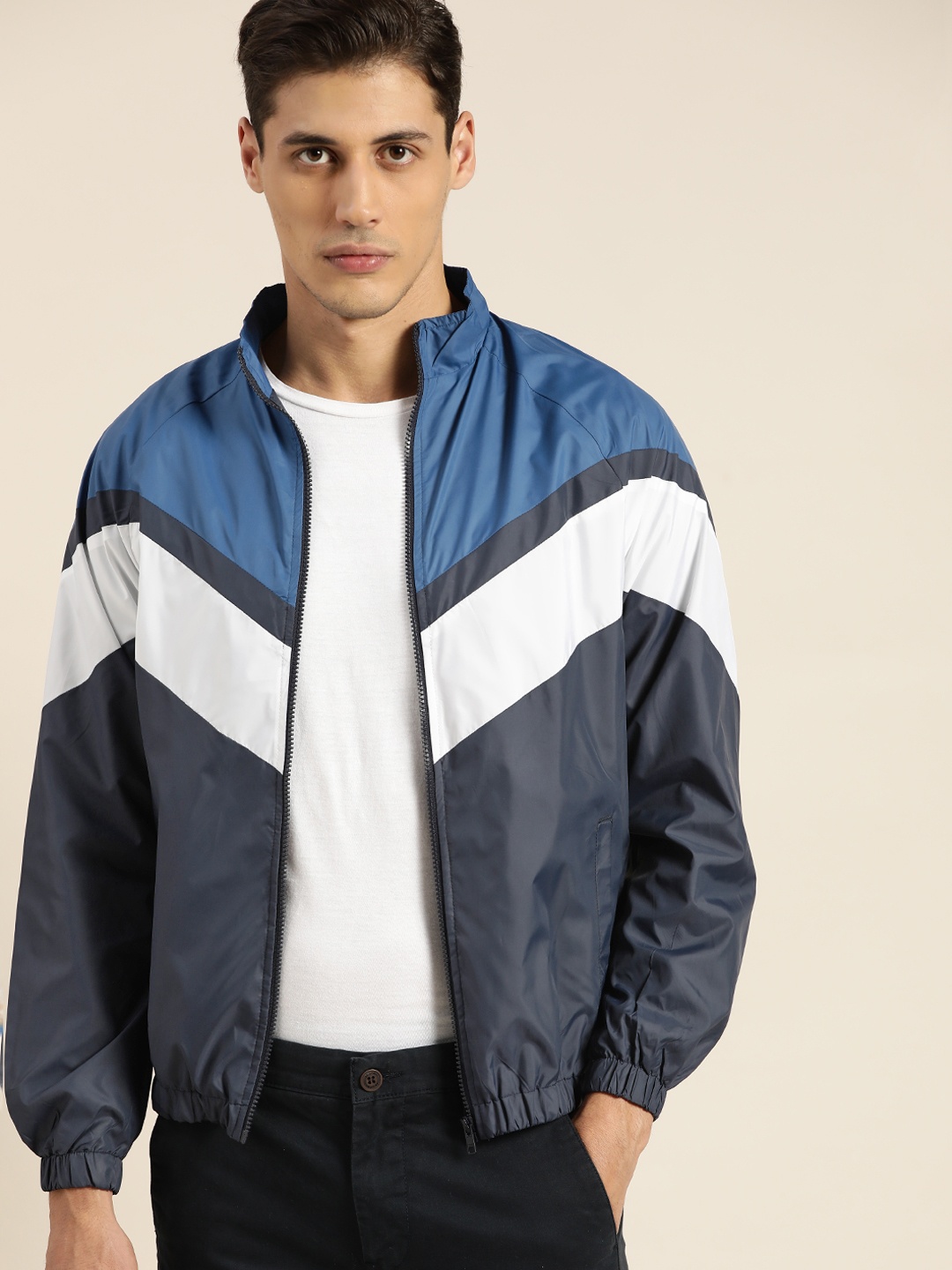 

ether Men Navy Blue & White Striped Tailored Jacket