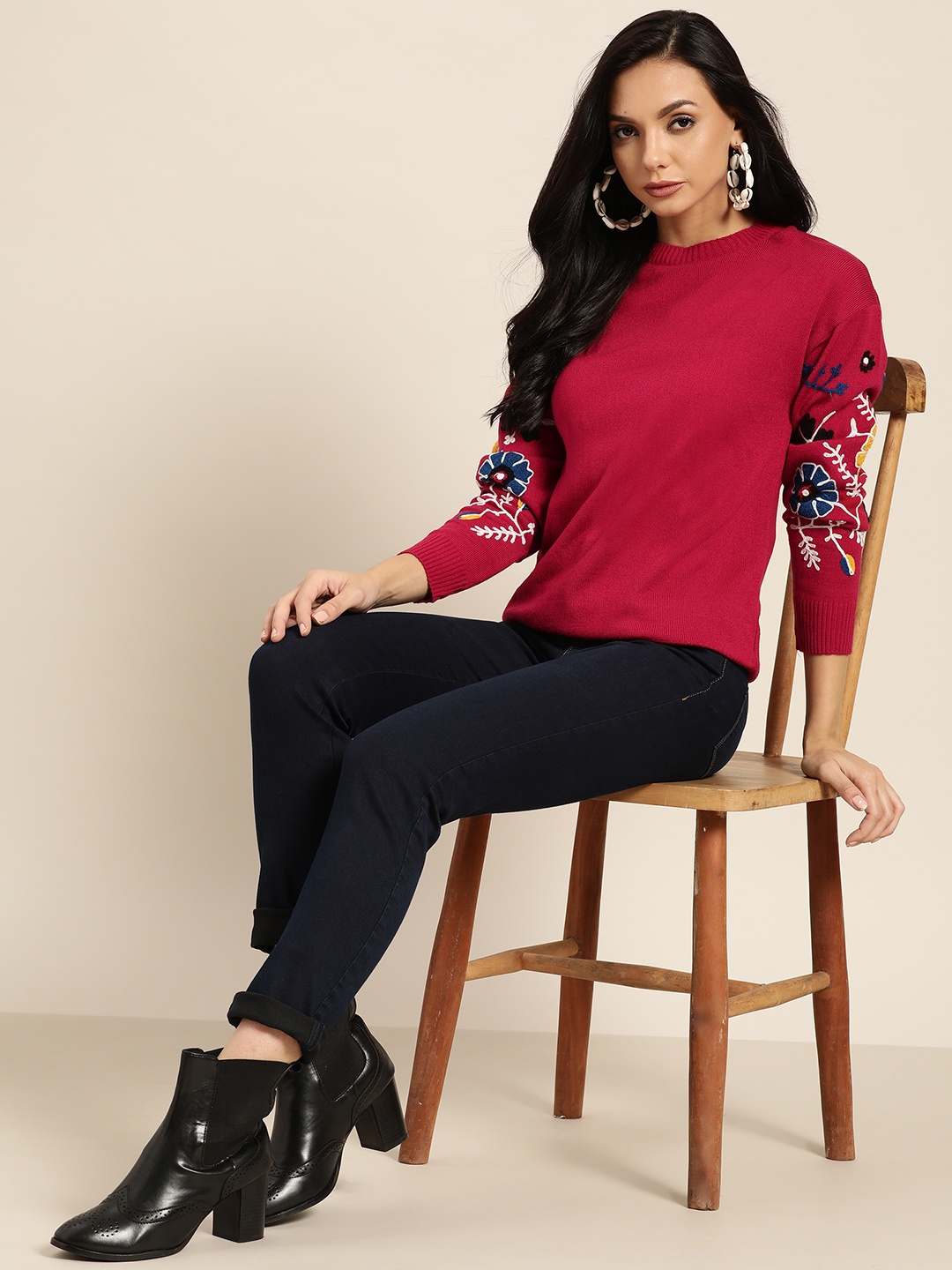 

Sangria Women Red Pullover with Embroidered Detail