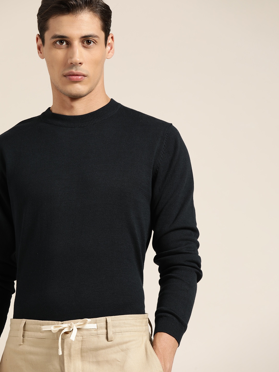 

ether Men Navy Blue Pure Cotton Solid Pullover