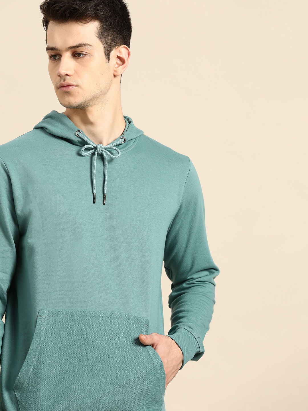 

ether Men Sea Green Solid Hooded Sweatshirt