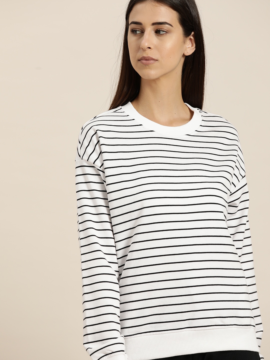 

ether Women White & Black Striped Sweatshirt