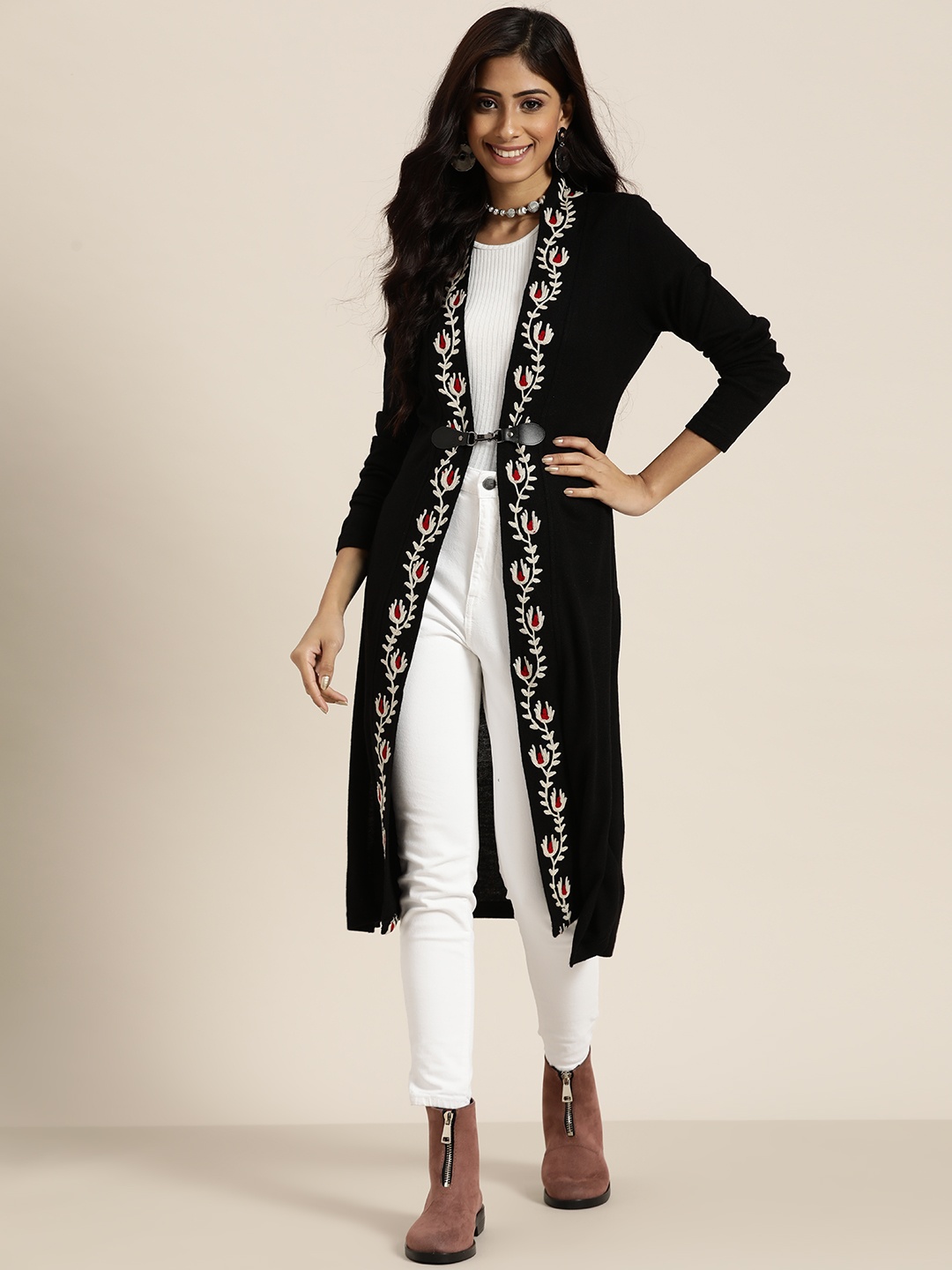 

Sangria Women Black & Off-White Embroidered Longline Cardigan