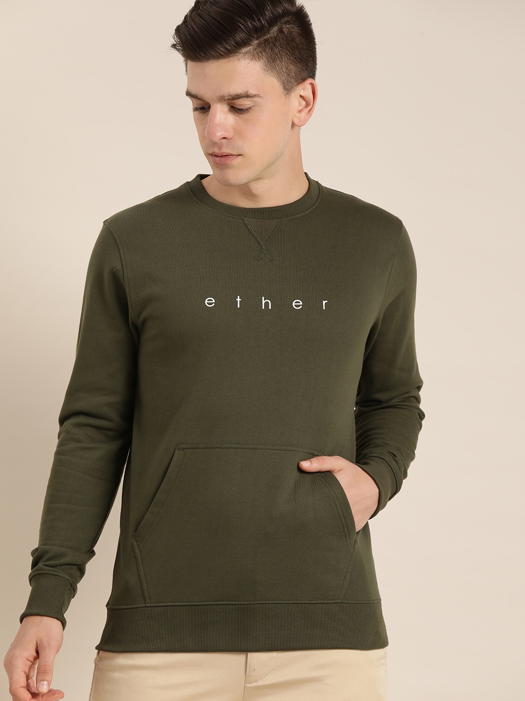 

ether Men Olive Green Brand Logo Print Sweatshirt