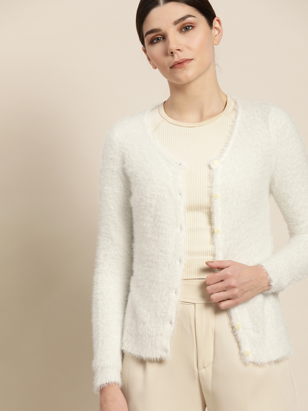 

ether Women White Fuzzy Cardigan