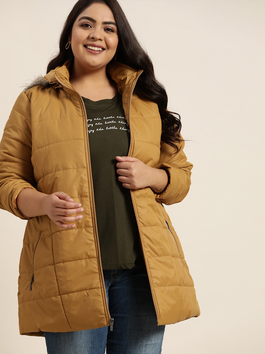 

Sztori Plus Size Women Mustard Yellow Hooded Longline Parka Jacket